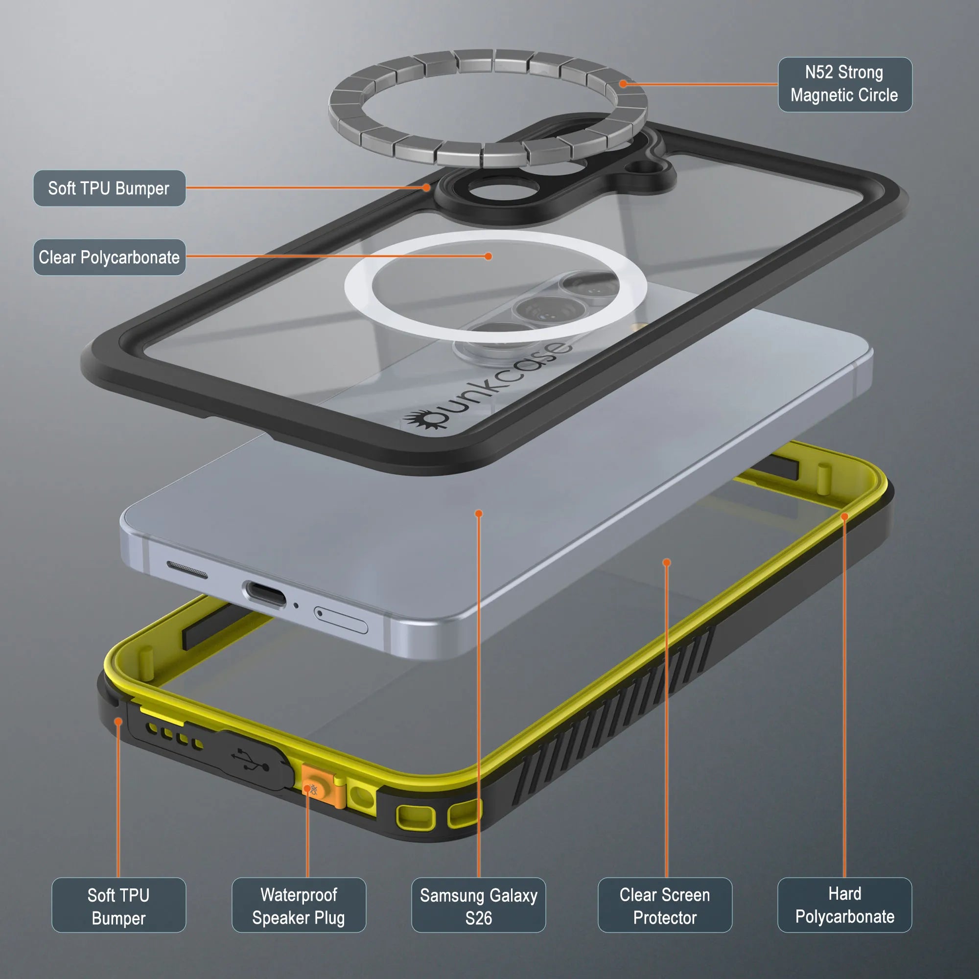 Galaxy S26 Waterproof Case, Punkcase [Extreme Mag Series] Armor Cover W/ Built In Screen Protector [Yellow]