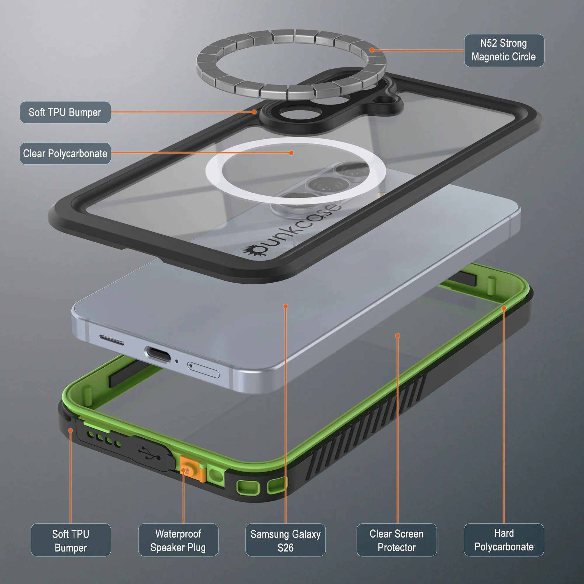 Galaxy S26 Waterproof Case, Punkcase [Extreme Mag Series] Armor Cover W/ Built In Screen Protector [Green]