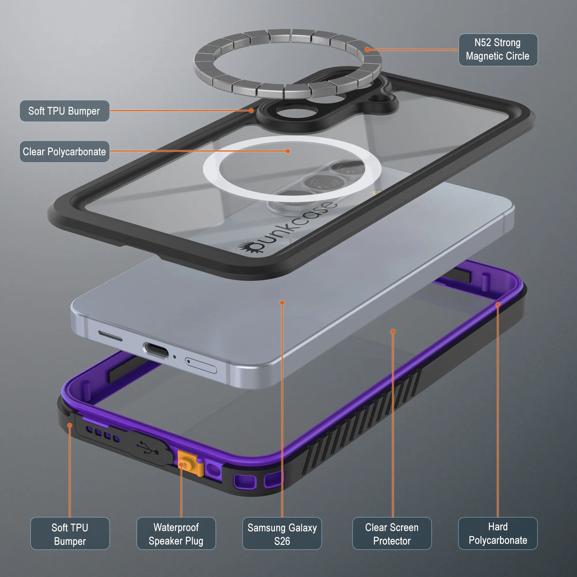 Galaxy S26 Waterproof Case, Punkcase [Extreme Mag Series] Armor Cover W/ Built In Screen Protector [Purple]