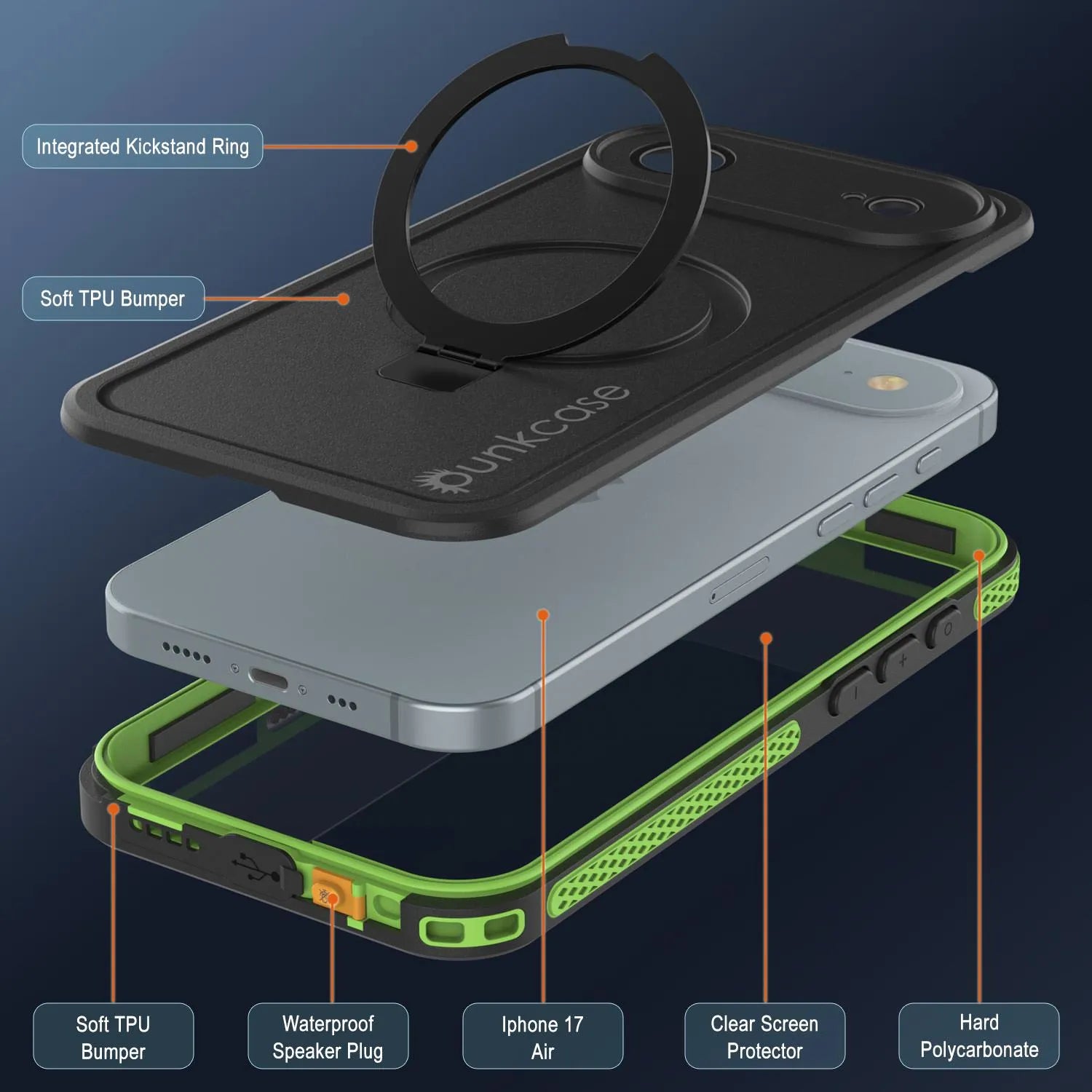 iPhone 17 Air Waterproof Case [Kickstud 2.0 Series] Protective IP68 Cover W/Screen Protector & Kickstand [Green]