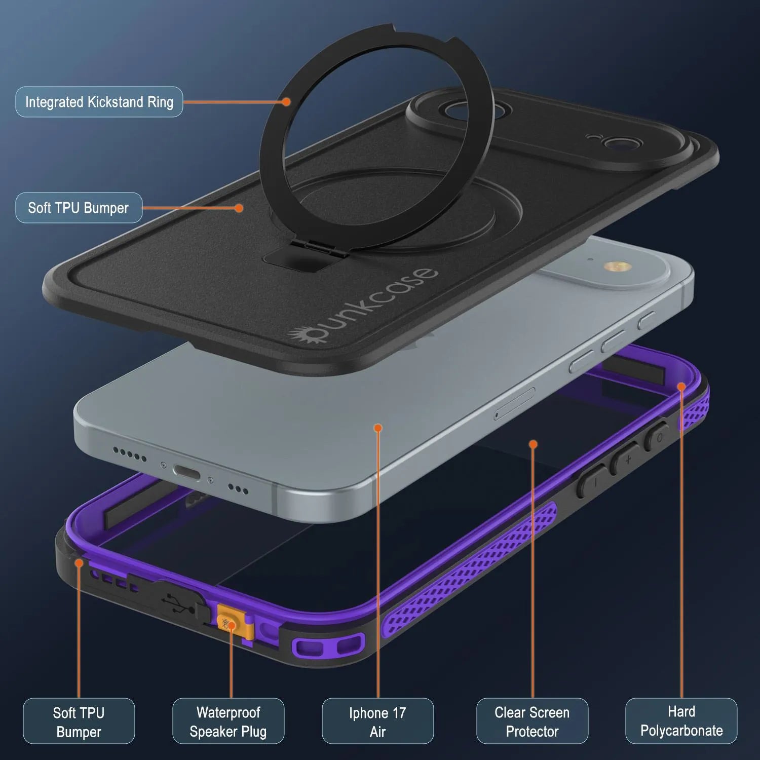 iPhone 17 Air Waterproof Case [Kickstud 2.0 Series] Protective IP68 Cover W/Screen Protector & Kickstand [Purple]