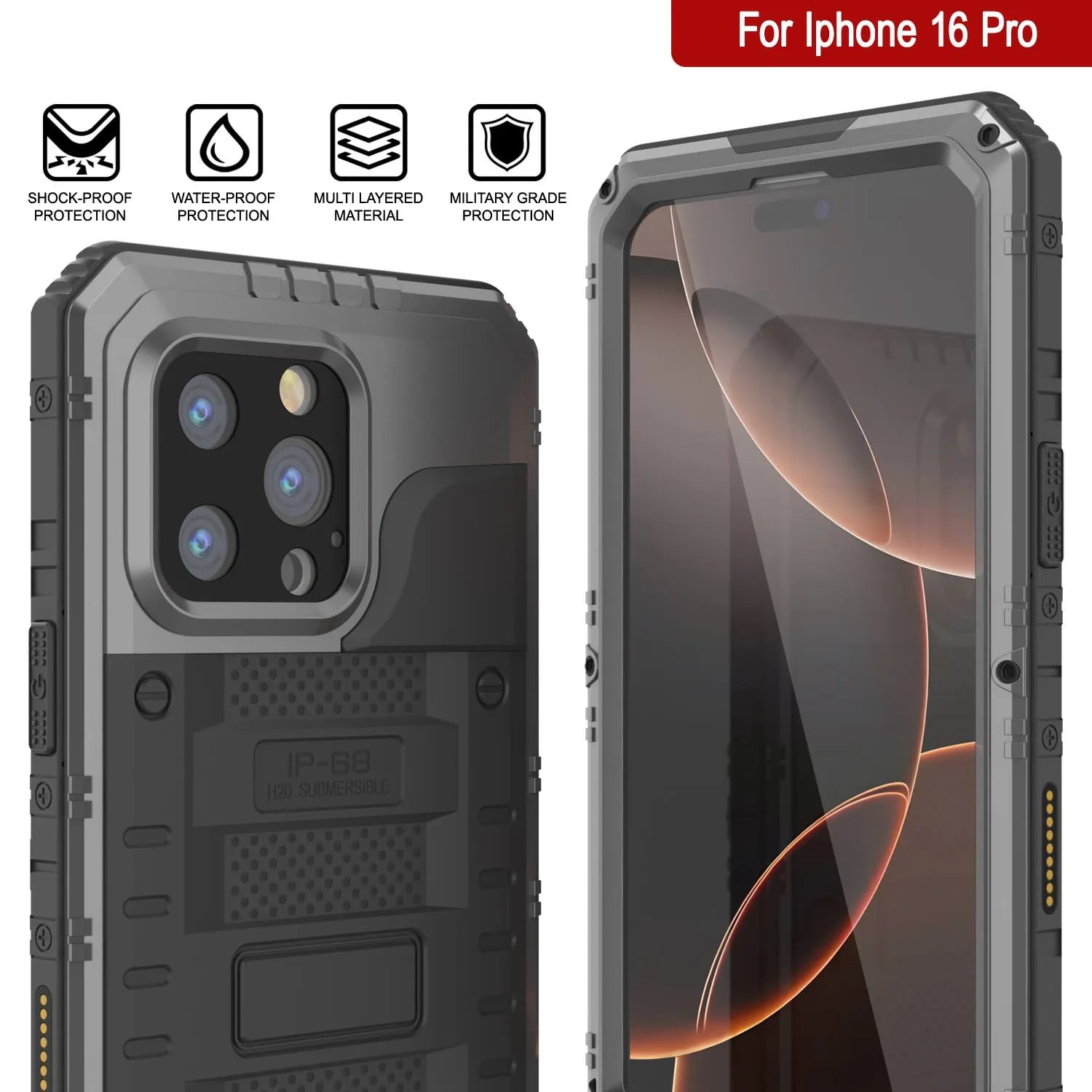 iPhone 16 Pro Metal Extreme 3.0 Series Aluminum Waterproof Case IP68 W/Buillt in Screen Protector & Kickstand [Silver]