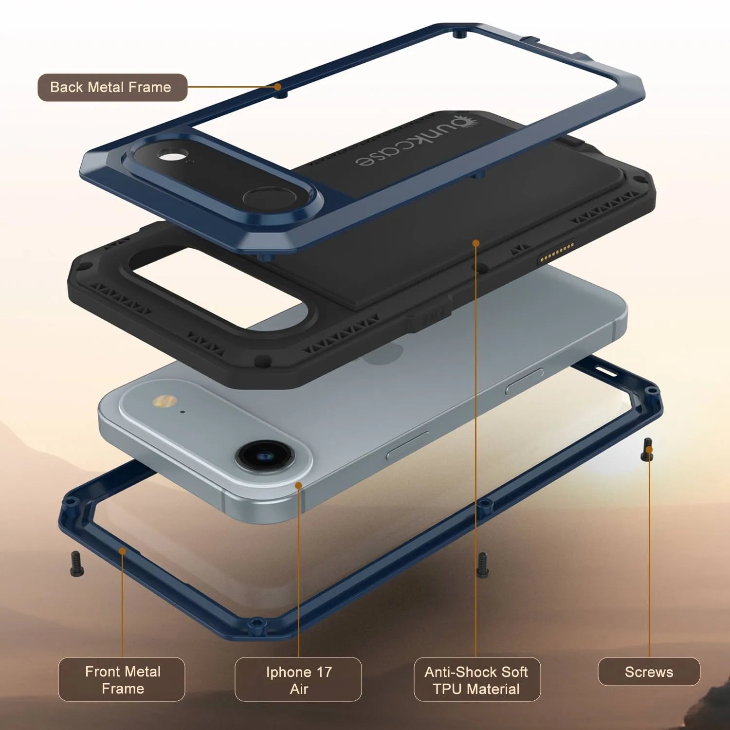 iPhone 17 Air Metal Case, Heavy Duty Military Grade Armor Cover [shock proof] Full Body Hard [Blue]