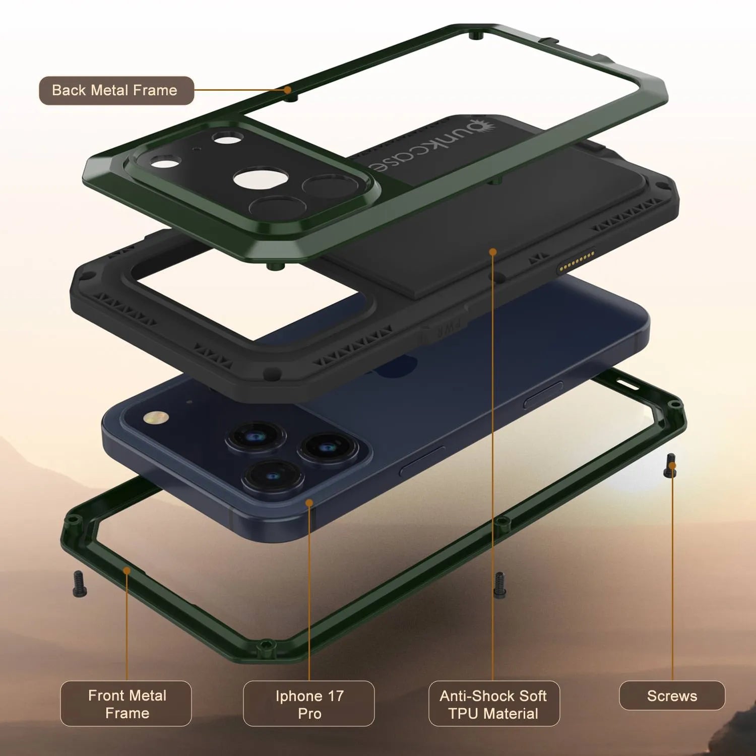 iPhone 17 Pro Metal Case, Heavy Duty Military Grade Armor Cover [shock proof] Full Body Hard [Dark Green]
