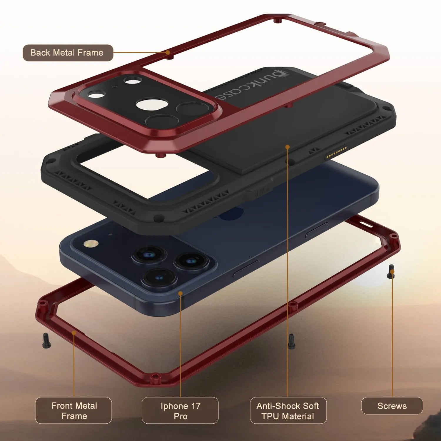 iPhone 17 Pro Metal Case, Heavy Duty Military Grade Armor Cover [shock proof] Full Body Hard [Red]