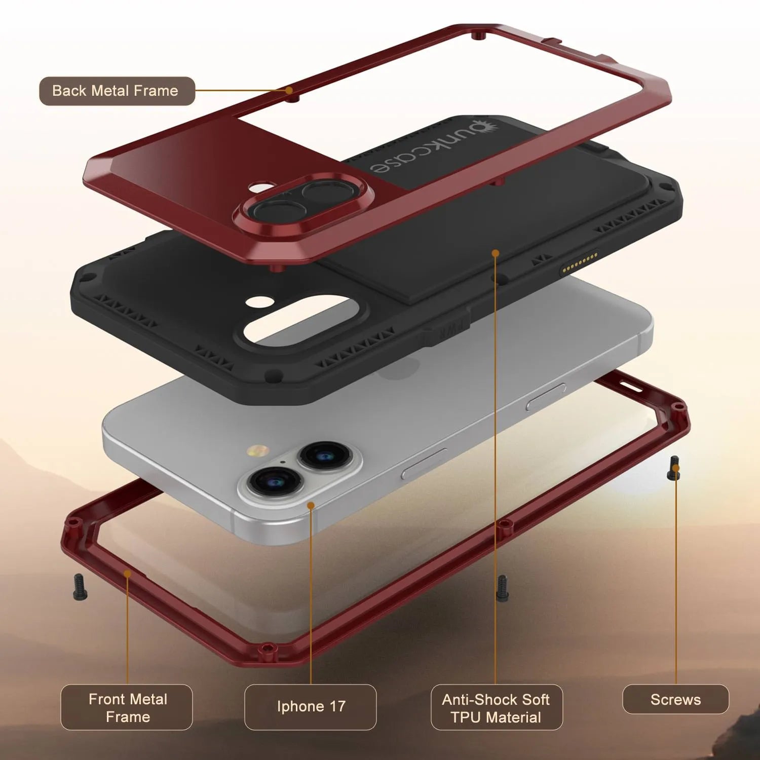 iPhone 17 Metal Case, Heavy Duty Military Grade Armor Cover [shock proof] Full Body Hard [Red]