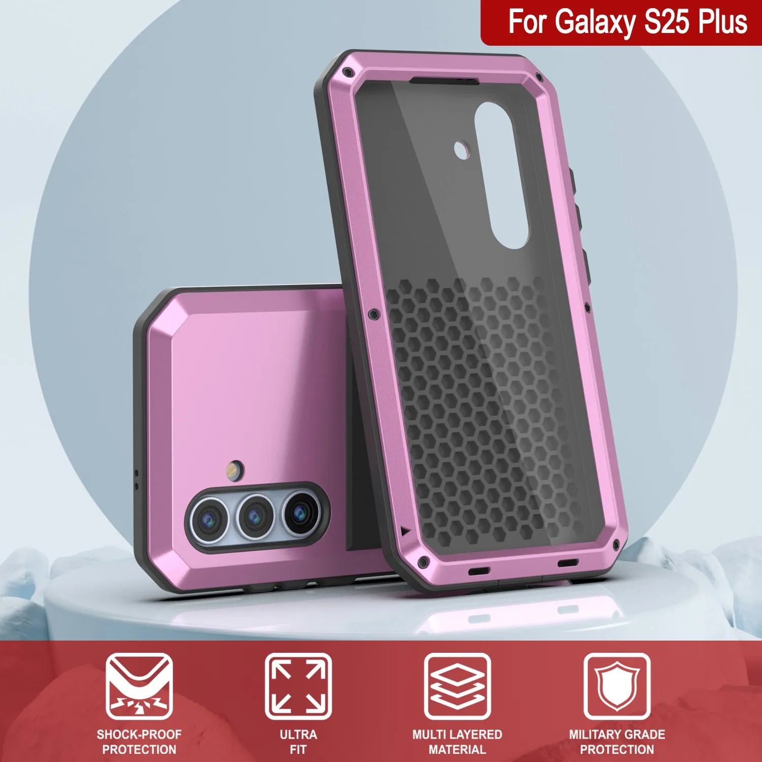 Galaxy S25 Plus Metal Case, Heavy Duty Military Grade Armor Cover [shock proof] Full Body Hard [Pink]