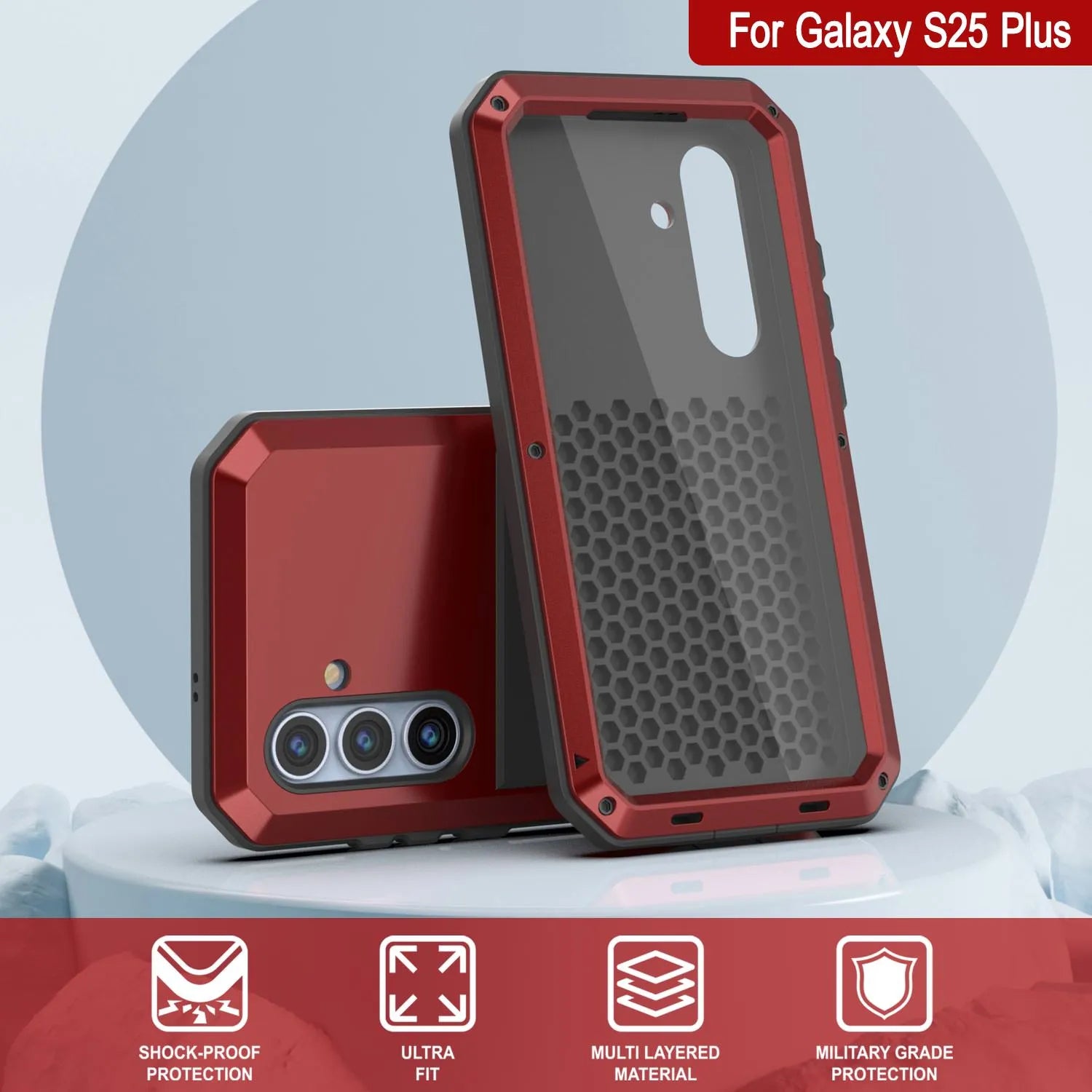 Galaxy S25 Plus Metal Case, Heavy Duty Military Grade Armor Cover [shock proof] Full Body Hard [Red]