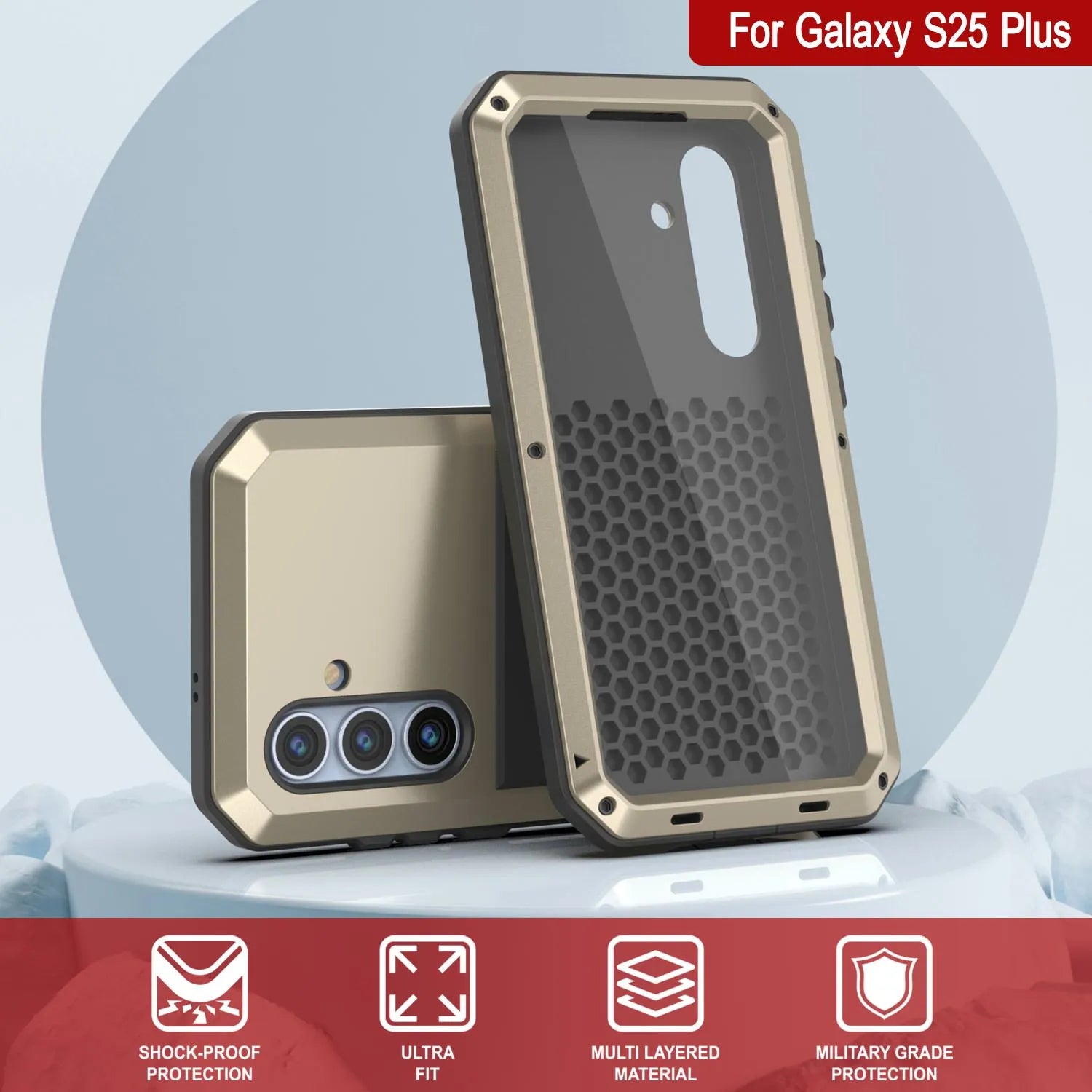 Galaxy S25 Plus Metal Case, Heavy Duty Military Grade Armor Cover [shock proof] Full Body Hard [Gold]