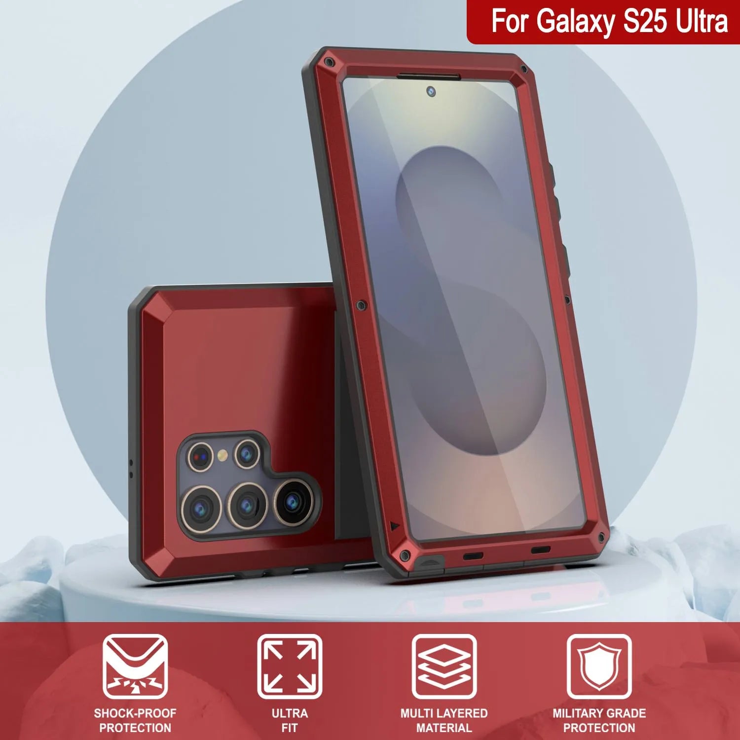 Galaxy S25 Ultra Metal Case, Heavy Duty Military Grade Armor Cover [shock proof] Full Body Hard [Red]