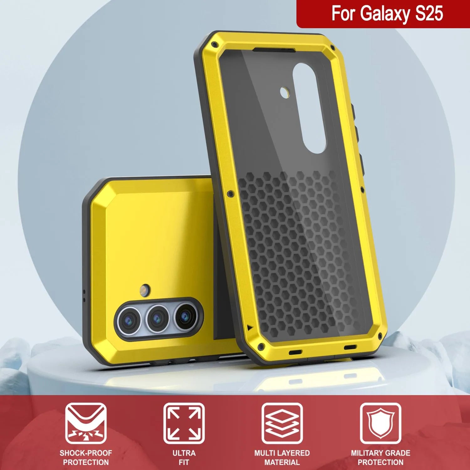 Galaxy S25 Metal Case, Heavy Duty Military Grade Armor Cover [shock proof] Full Body Hard [Yellow]