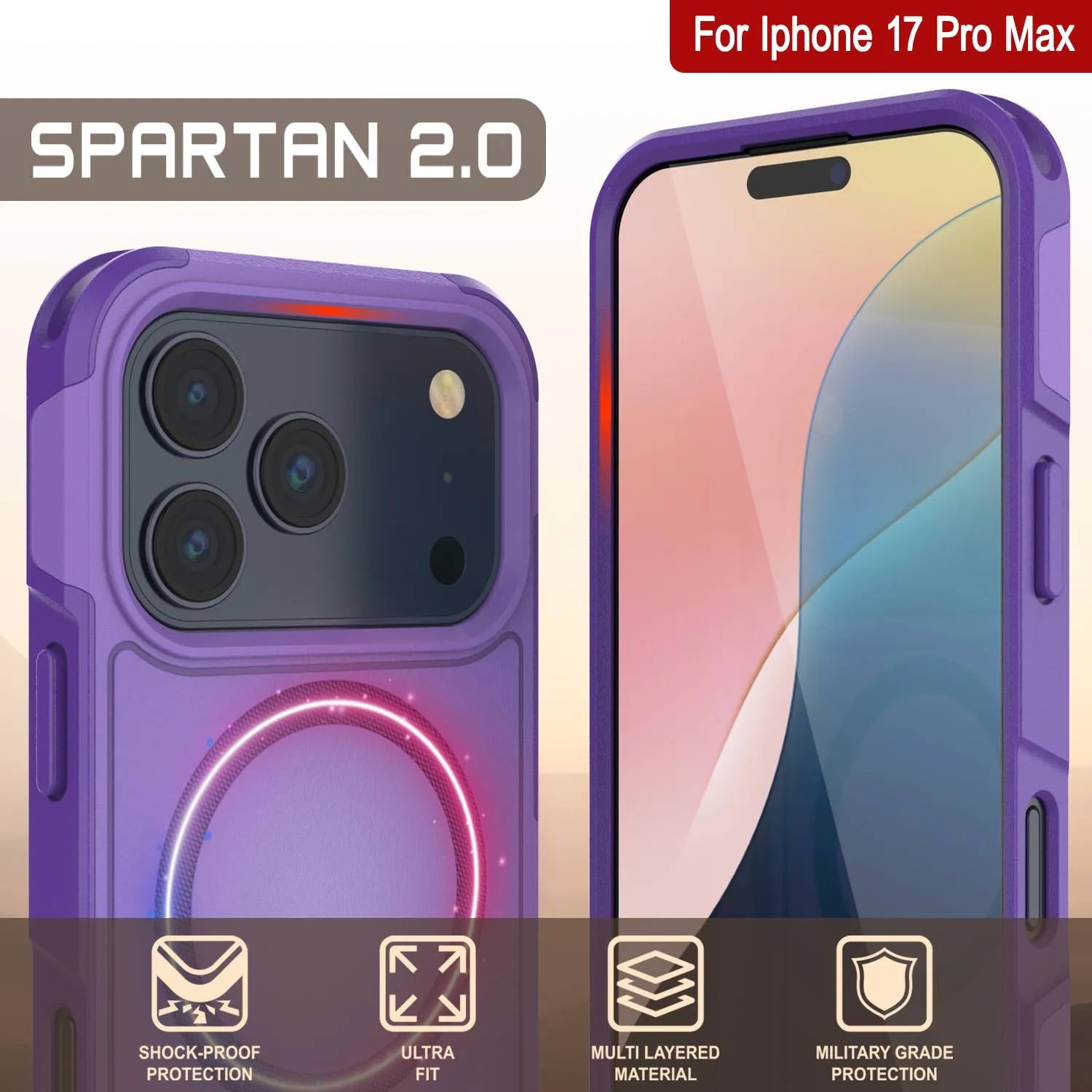 PunkCase iPhone 17 Pro Max Case, [Spartan 2.0 Series] Clear Rugged Heavy Duty Cover W/Built in Screen Protector [purple]