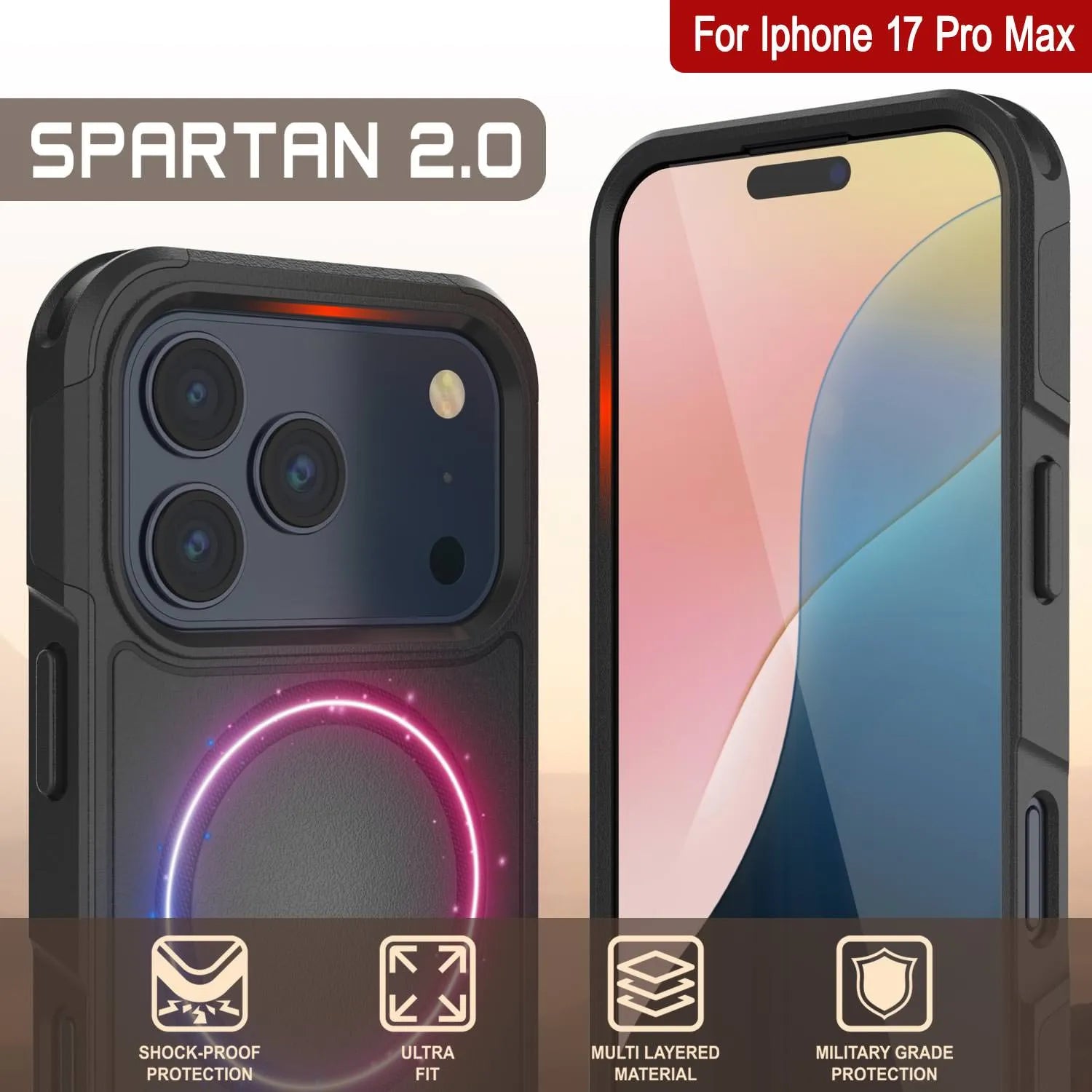 PunkCase iPhone 17 Pro Max Case, [Spartan 2.0 Series] Clear Rugged Heavy Duty Cover W/Built in Screen Protector [Black]