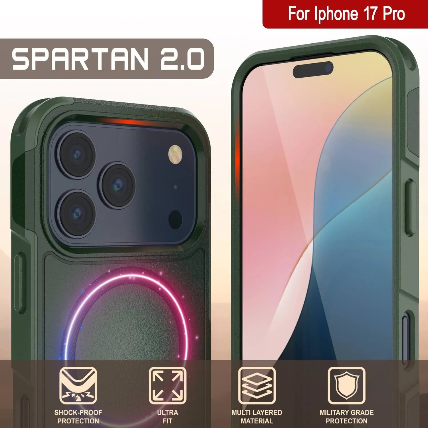 PunkCase iPhone 17 Pro Case, [Spartan 2.0 Series] Clear Rugged Heavy Duty Cover W/Built in Screen Protector [dark green]