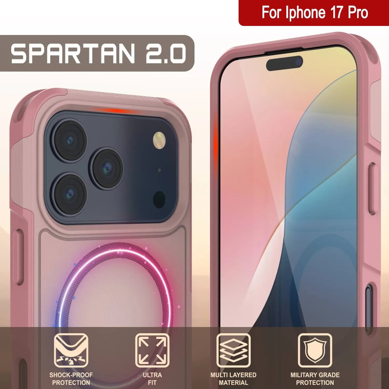 PunkCase iPhone 17 Pro Case, [Spartan 2.0 Series] Clear Rugged Heavy Duty Cover W/Built in Screen Protector [pink]