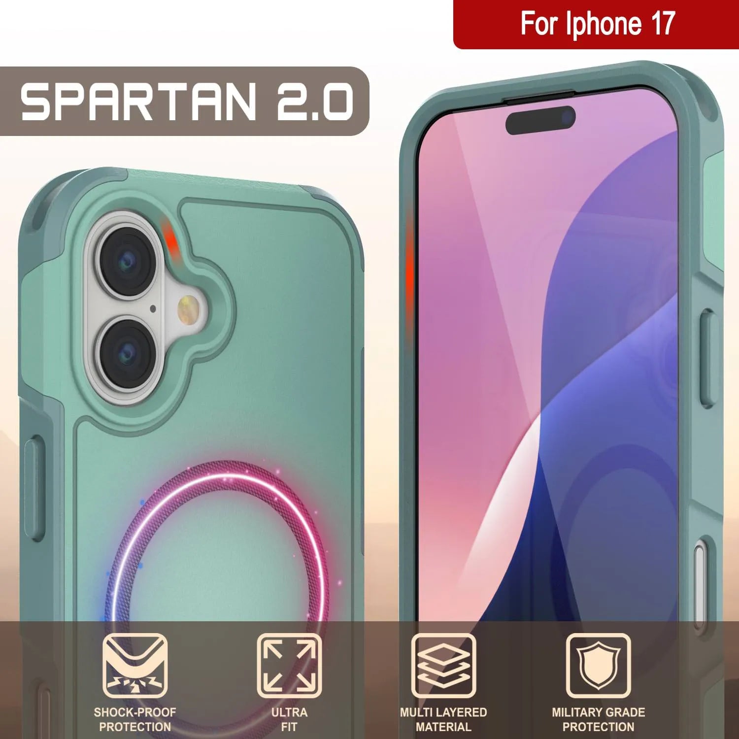 PunkCase iPhone 17 Case, [Spartan 2.0 Series] Clear Rugged Heavy Duty Cover W/Built in Screen Protector [teal]