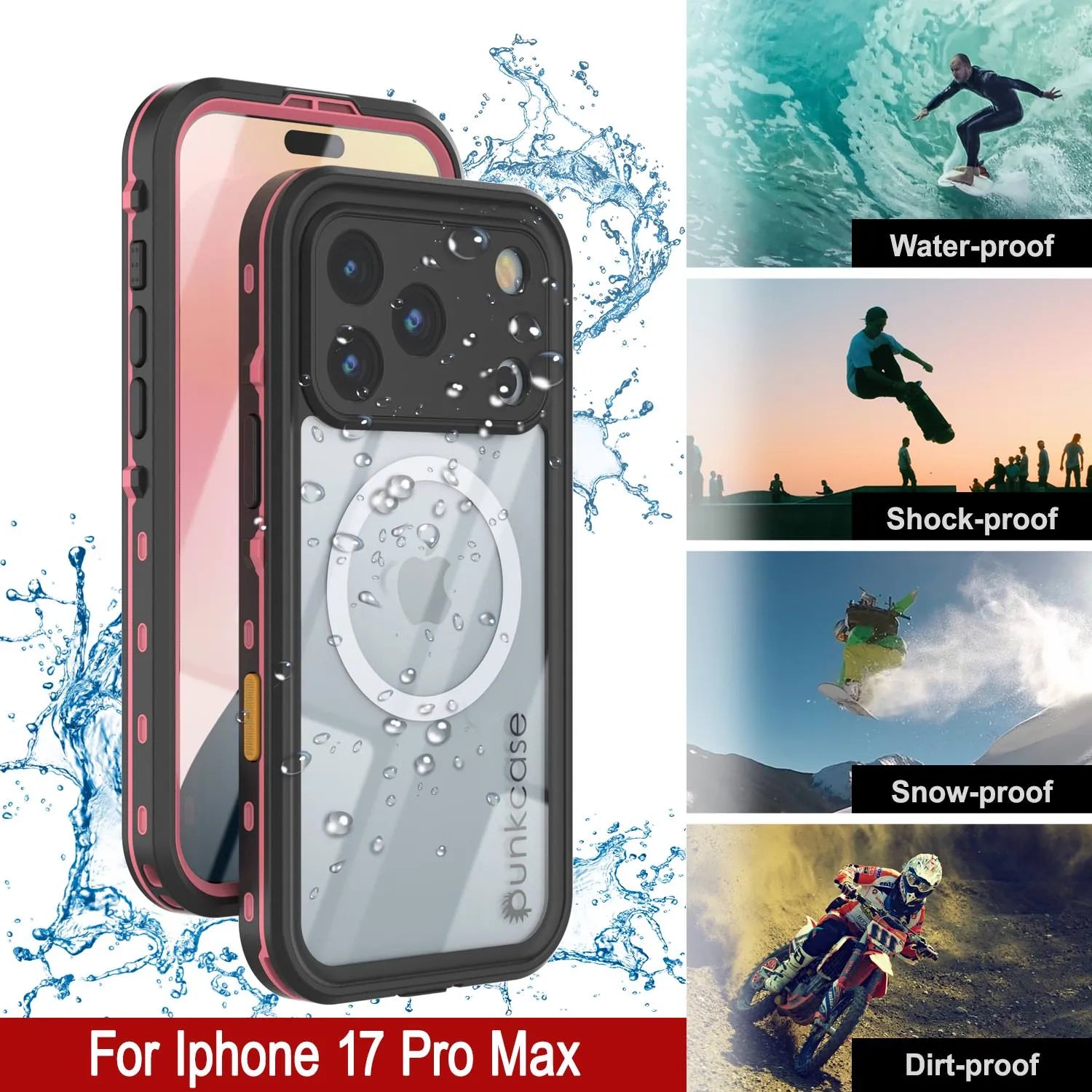 iPhone 17 Pro Max Waterproof IP68 Case, Punkcase [Pink] [StudStar Series] [Slim Fit] [Dirtproof]