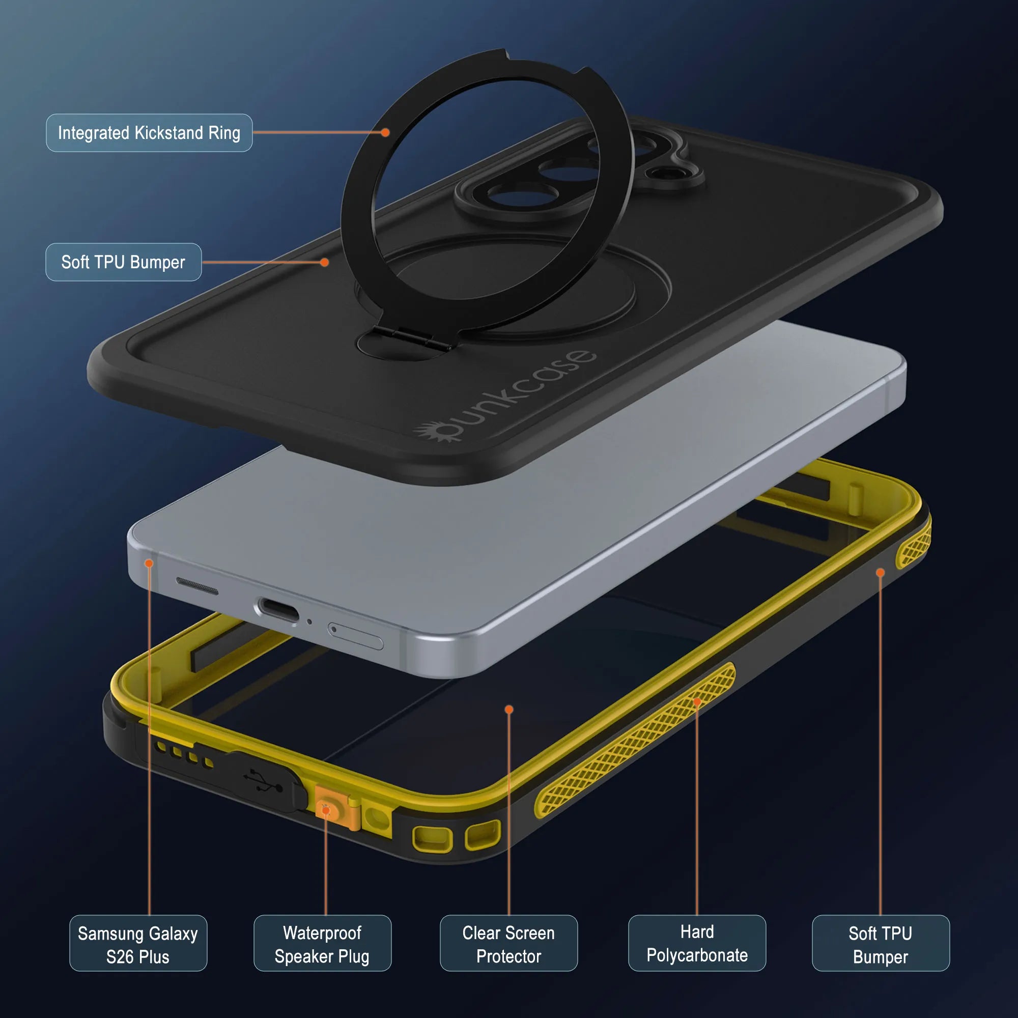 Galaxy S26 Plus Waterproof Case [Kickstud 2.0 Series] Protective IP68 Cover W/Screen Protector & Kickstand [Yellow]