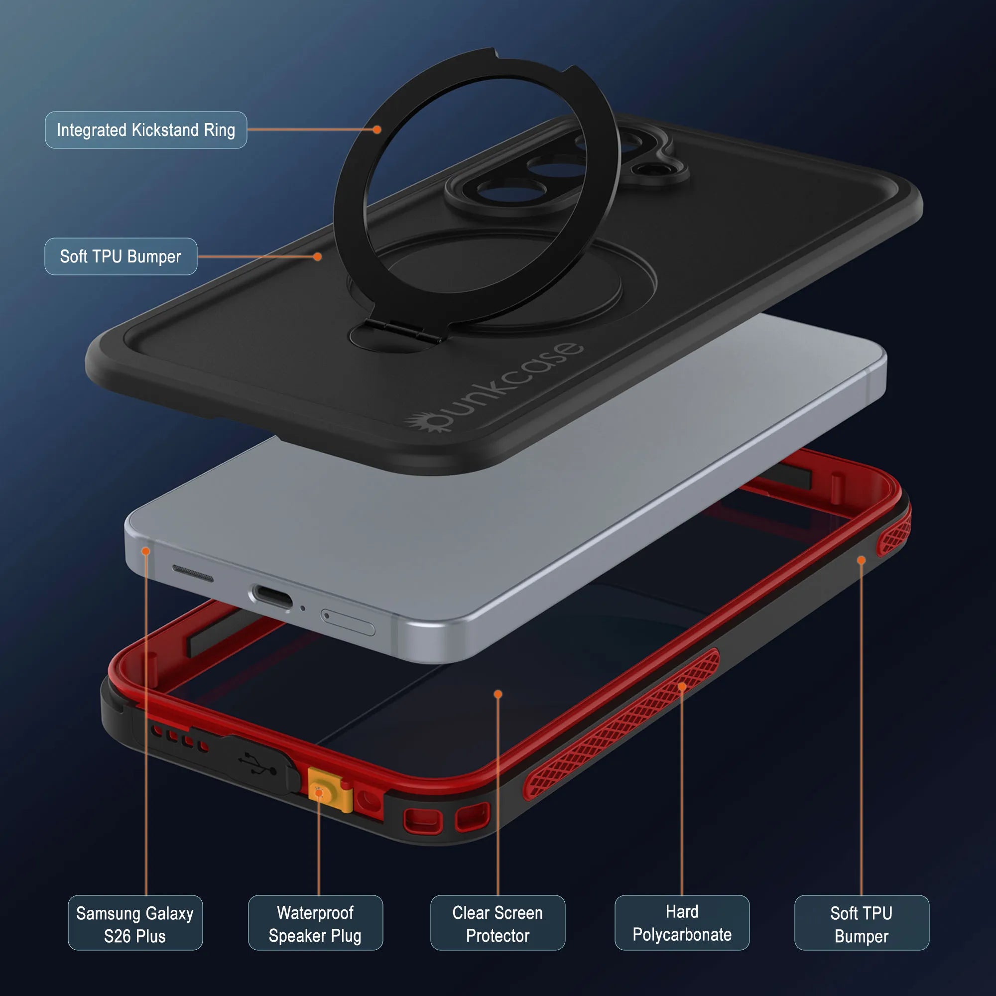 Galaxy S26 Plus Waterproof Case [Kickstud 2.0 Series] Protective IP68 Cover W/Screen Protector & Kickstand [Red]