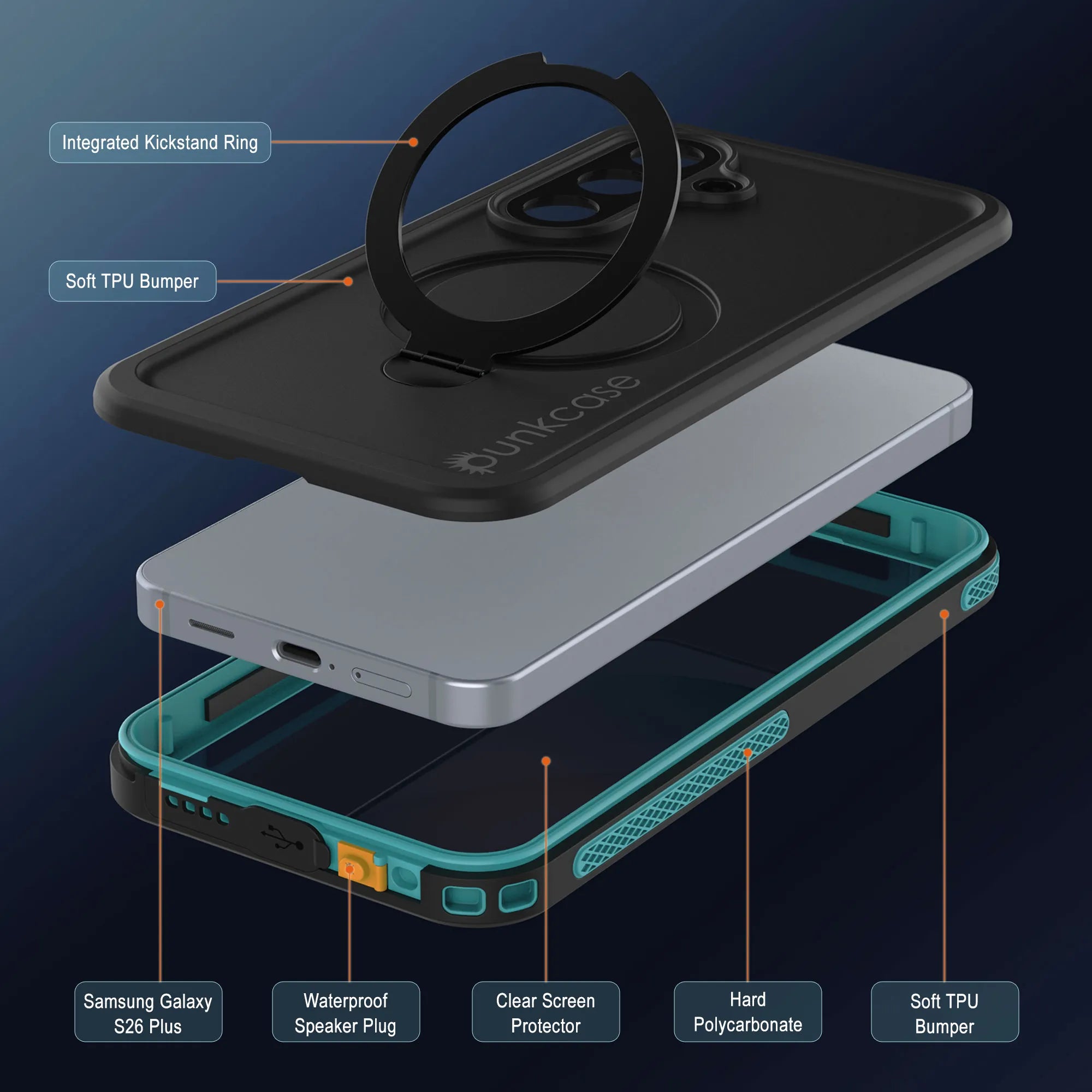 Galaxy S26 Plus Waterproof Case [Kickstud 2.0 Series] Protective IP68 Cover W/Screen Protector & Kickstand [Teal]