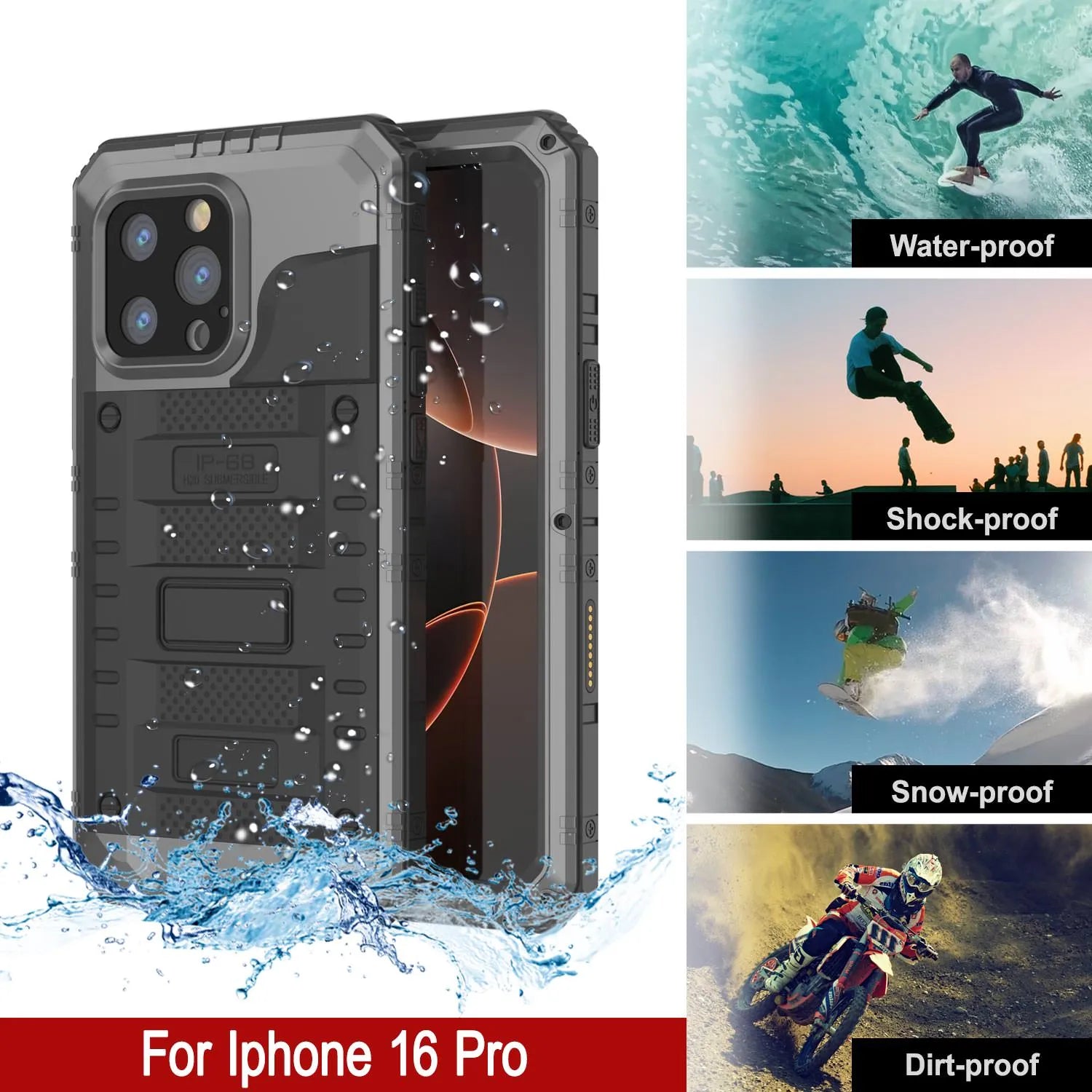 iPhone 16 Pro Metal Extreme 3.0 Series Aluminum Waterproof Case IP68 W/Buillt in Screen Protector & Kickstand [Silver]