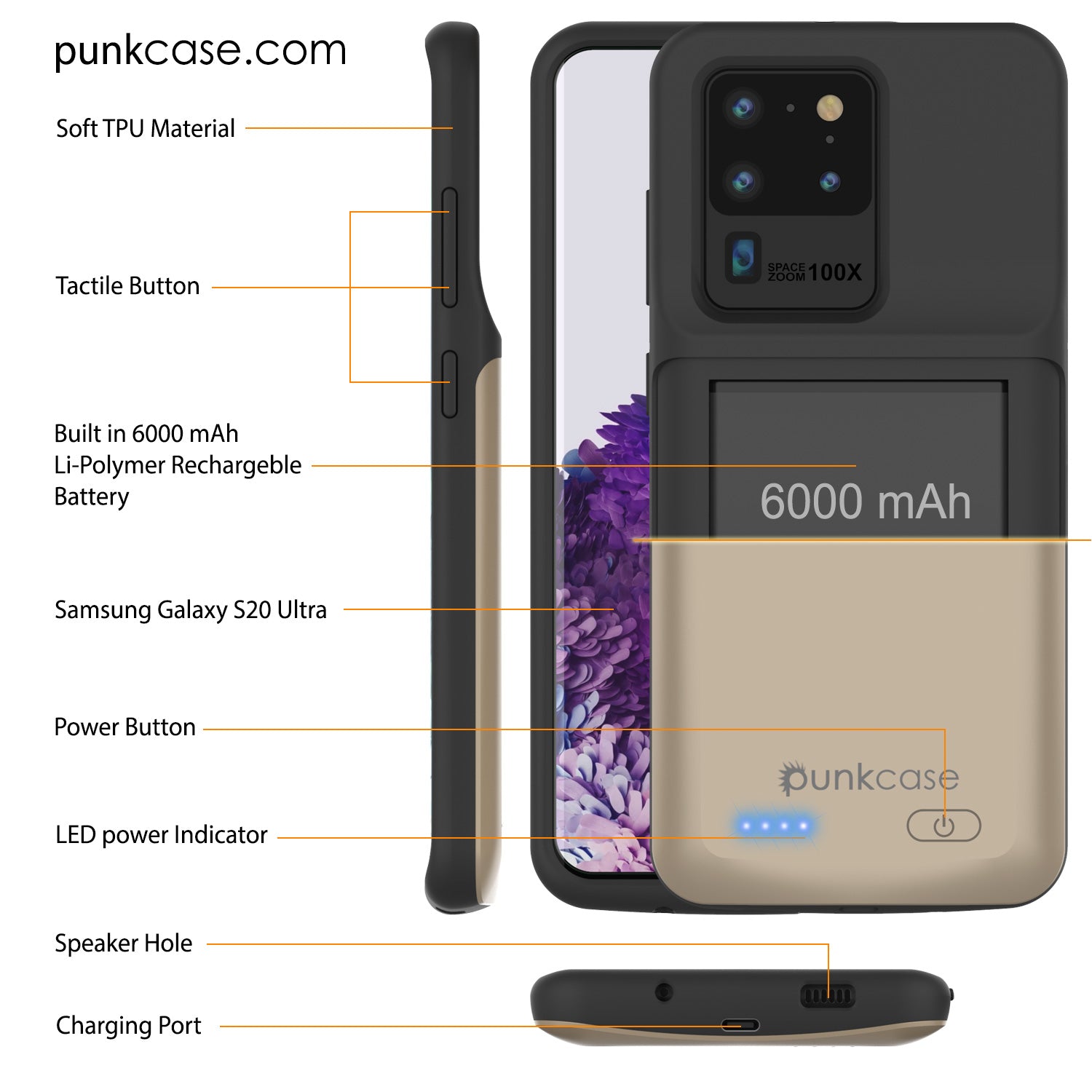 PunkJuice S20 Ultra Battery Case Gold - Fast Charging Power Juice Bank with 6000mAh