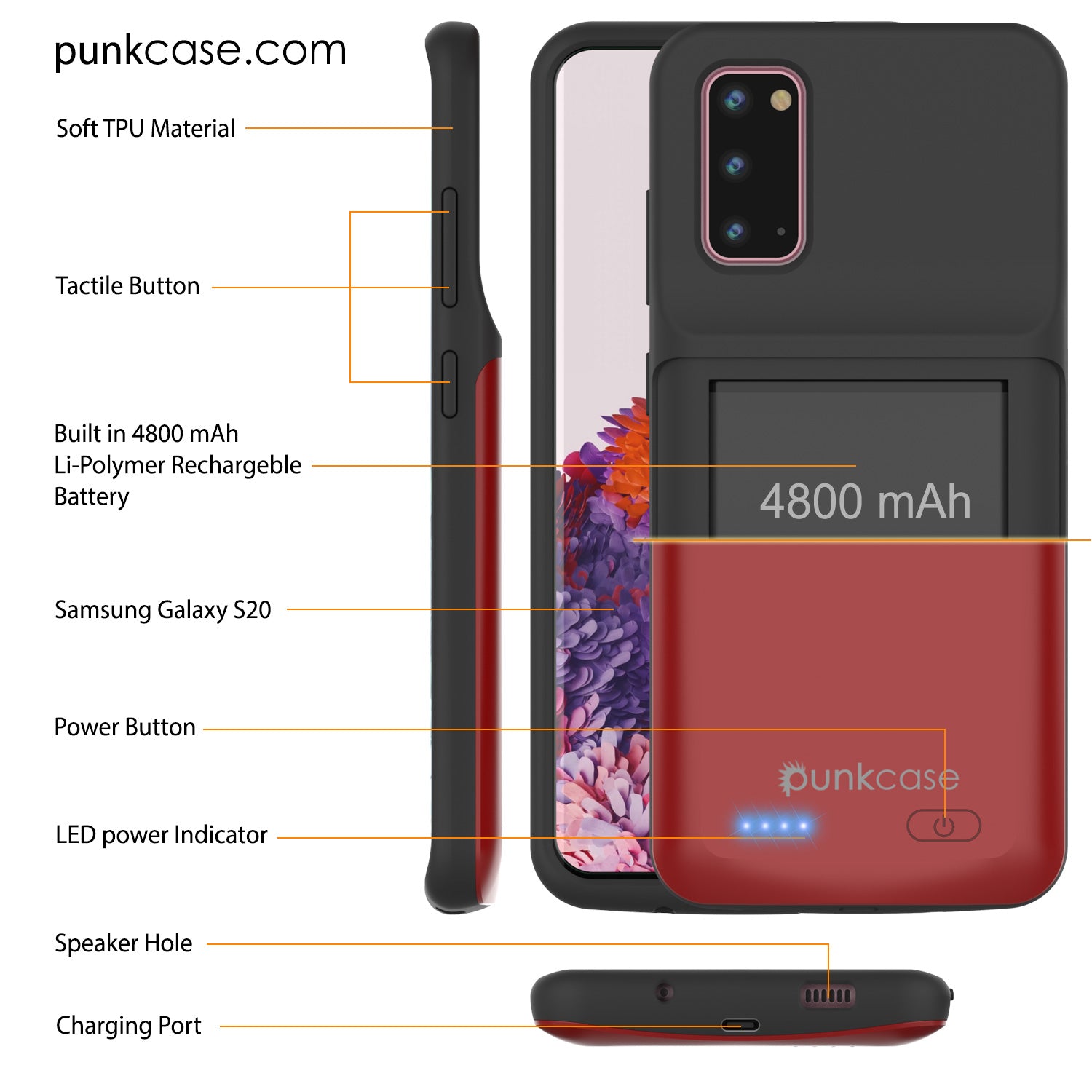 PunkJuice S20 Battery Case Red - Fast Charging Power Juice Bank with 4800mAh