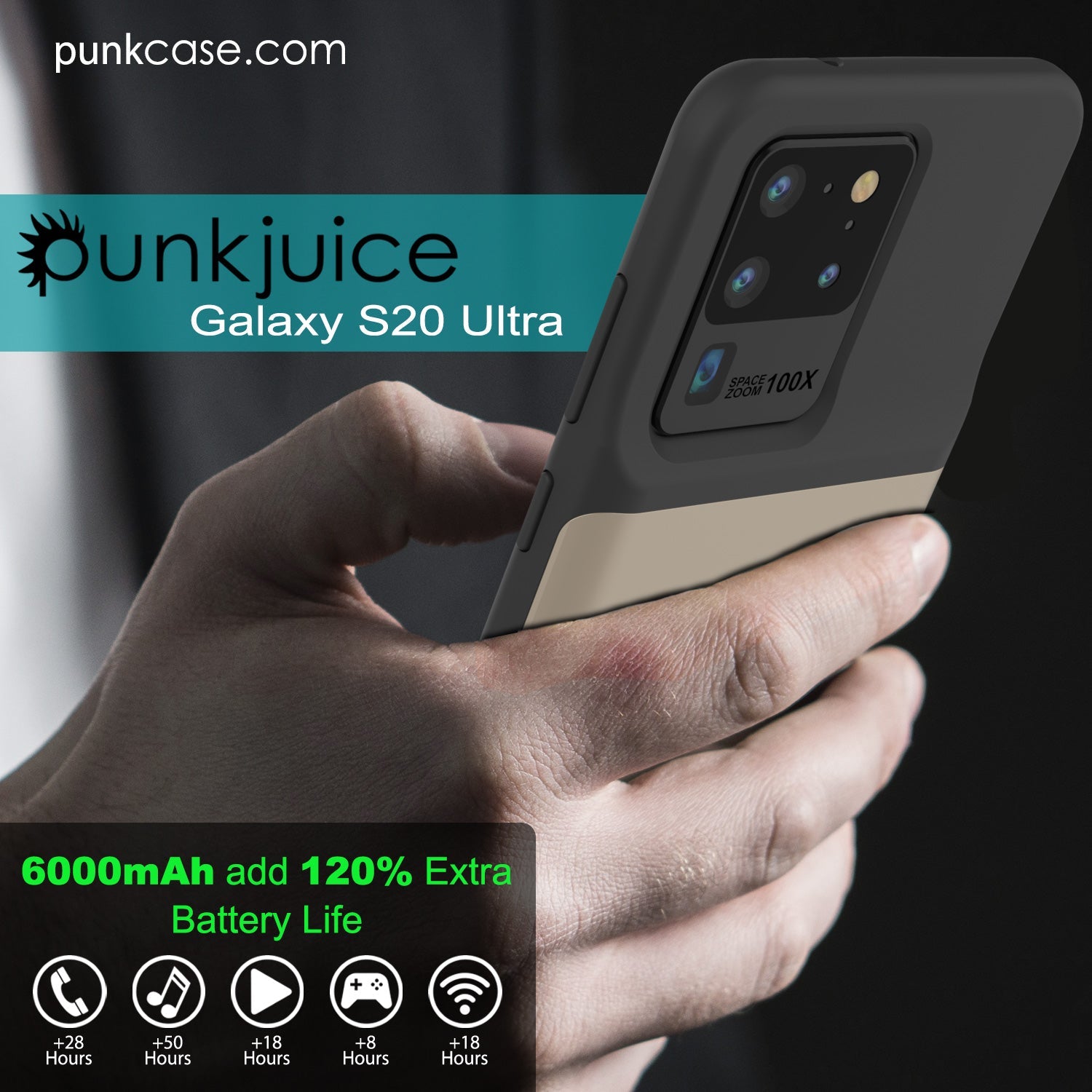 PunkJuice S20 Ultra Battery Case Gold - Fast Charging Power Juice Bank with 6000mAh