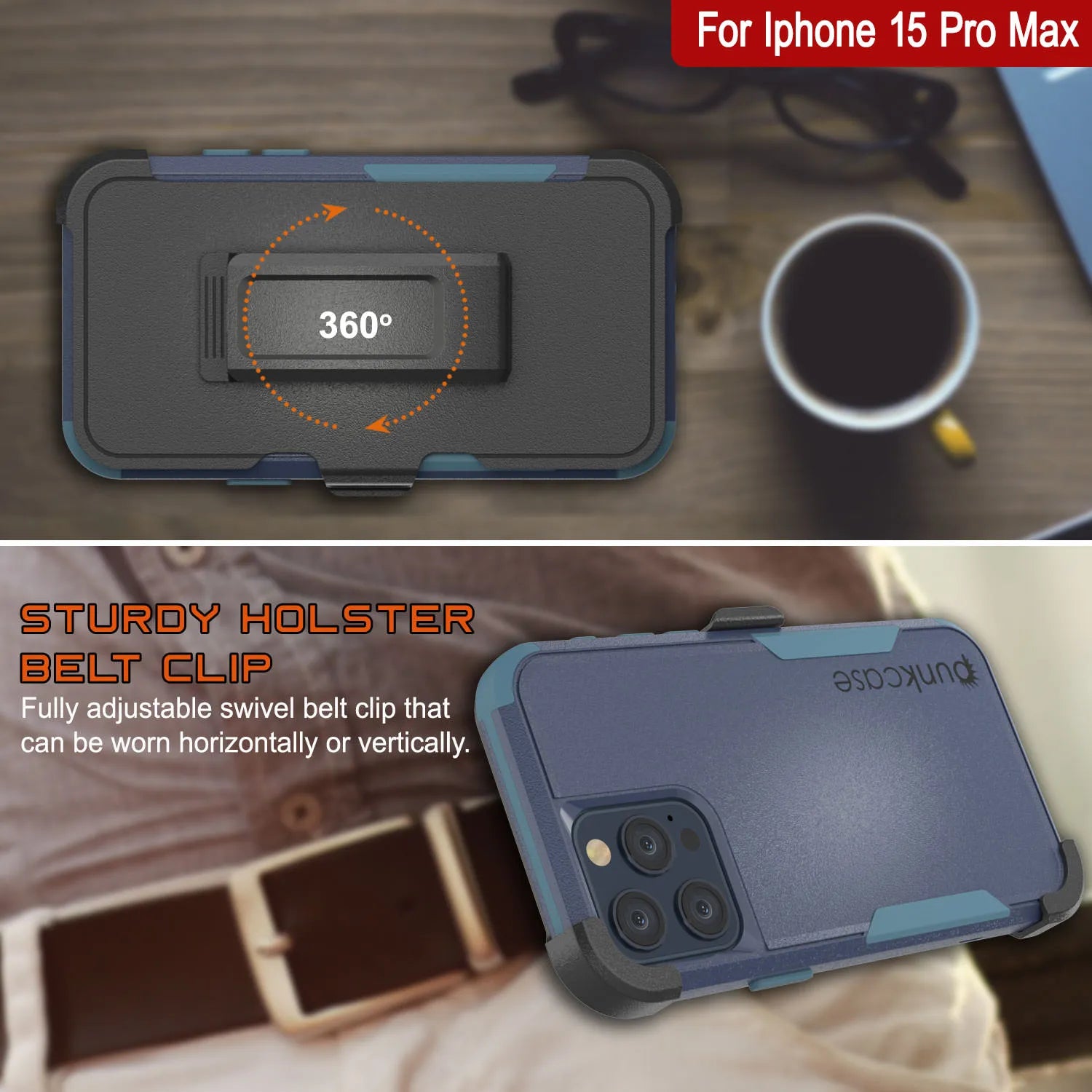 Punkcase for iPhone 15 Pro Max Belt Clip Multilayer Holster Case [Patron Series] [Navy Blue]