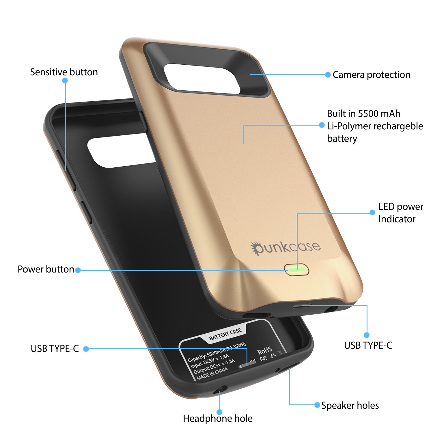 Galaxy S8 PLUS Battery Case, Punkcase 5500mAH Charger Case W/ Screen Protector | Integrated Kickstand & USB Port | IntelSwitch [Gold]