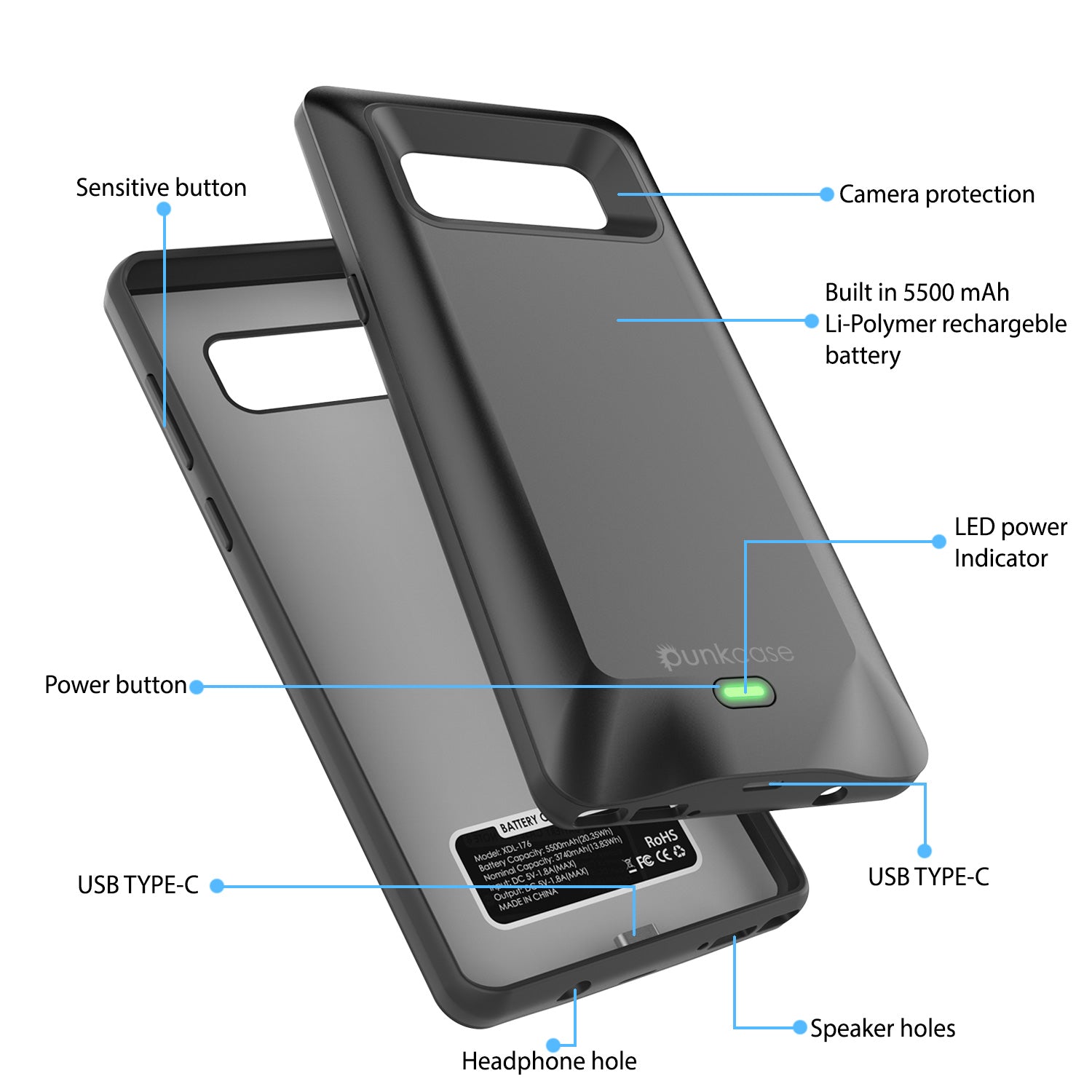 Galaxy Note 8 5000mAH Battery Charger W/ USB Port Slim Case [Blue]