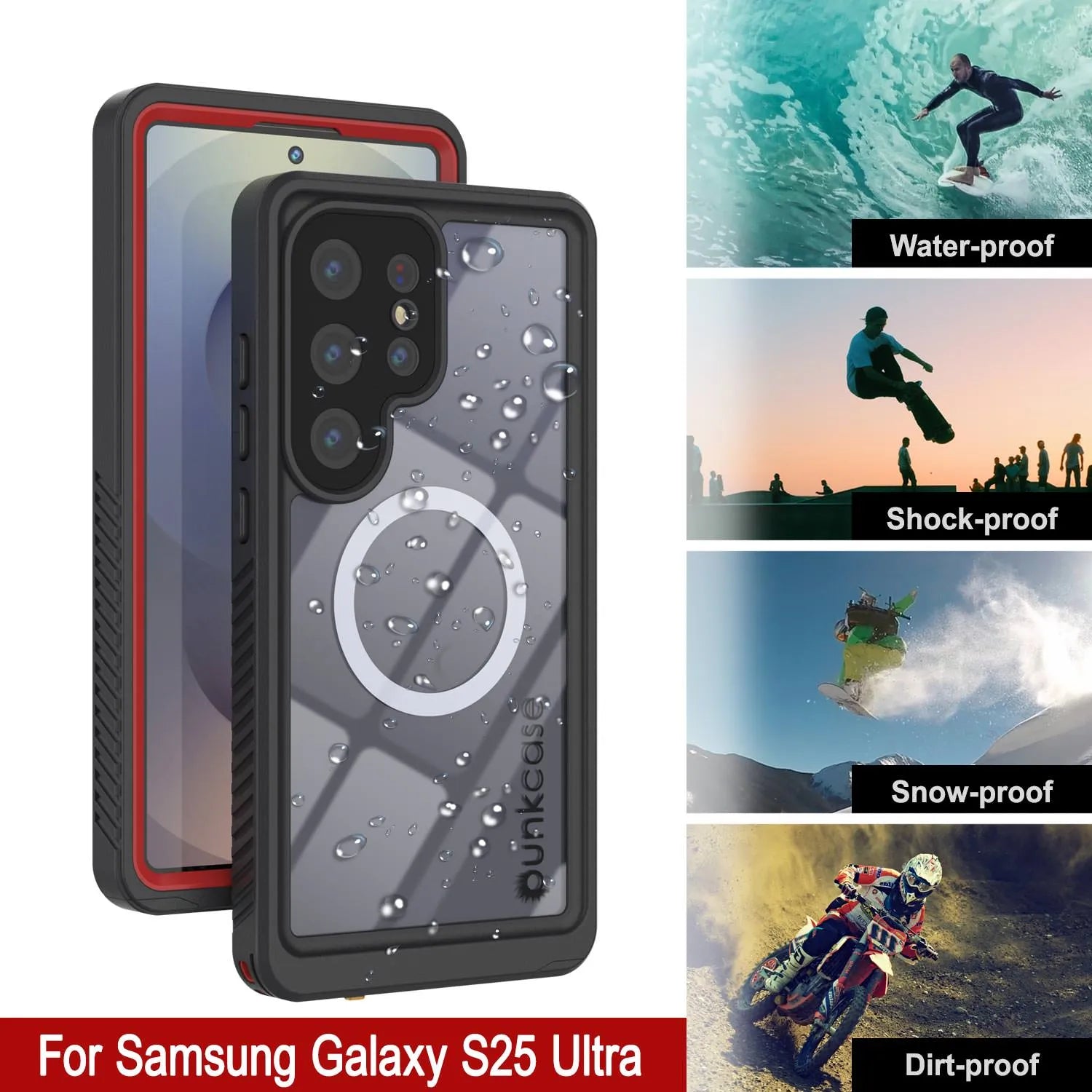 Galaxy S25 Ultra Waterproof Case, Punkcase [Extreme Mag Series] Armor Cover W/ Built In Screen Protector [Red]