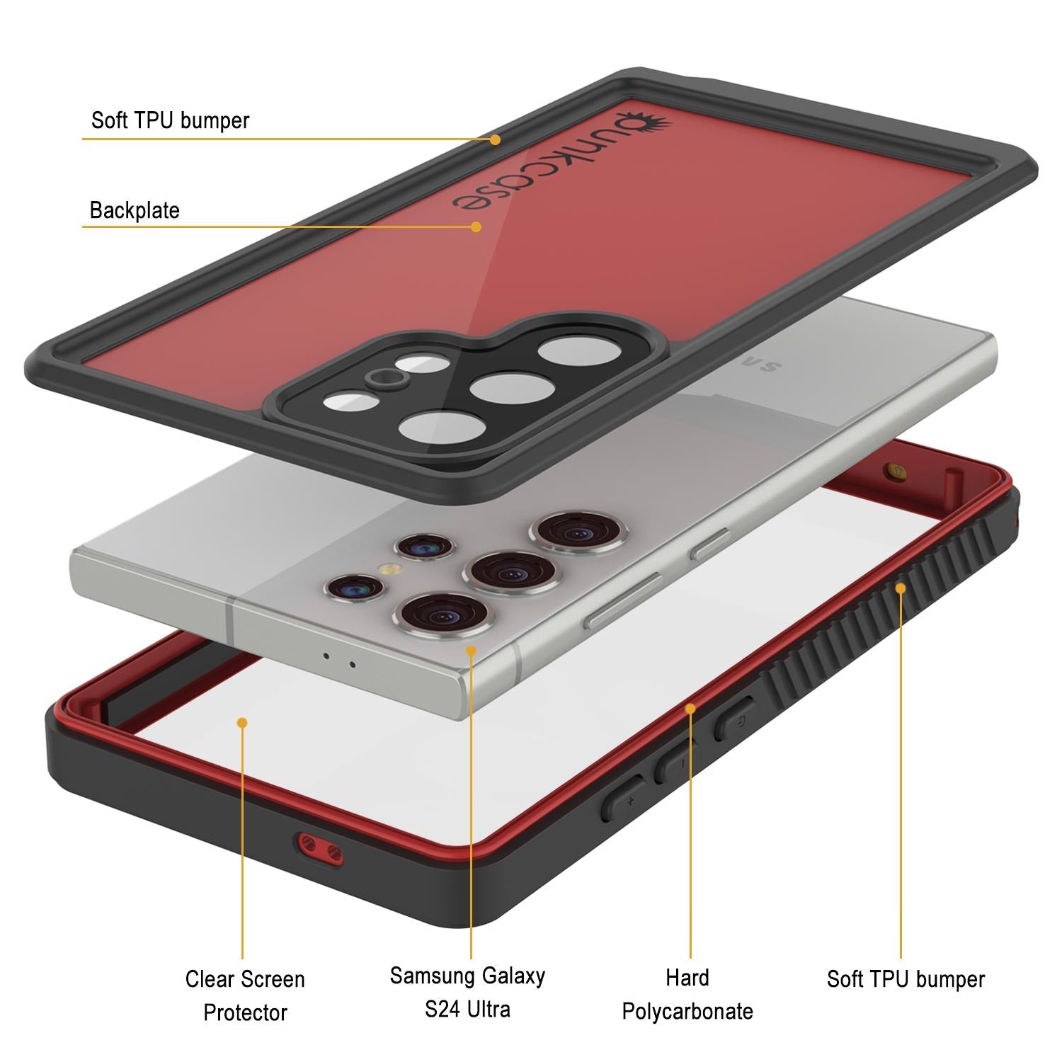 Galaxy S24 Ultra Waterproof Case PunkCase StudStar Red Thin 6.6ft Underwater IP68 Shock/Snow Proof