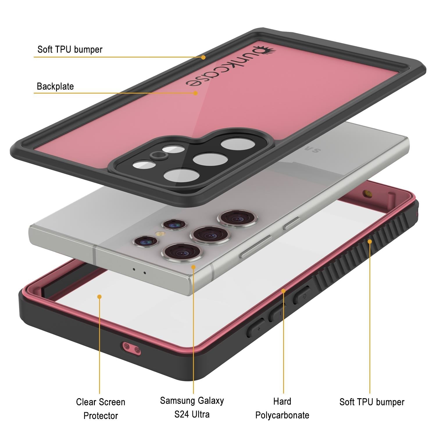 Galaxy S24 Ultra Waterproof Case PunkCase StudStar Pink Thin 6.6ft Underwater IP68 Shock/Snow Proof