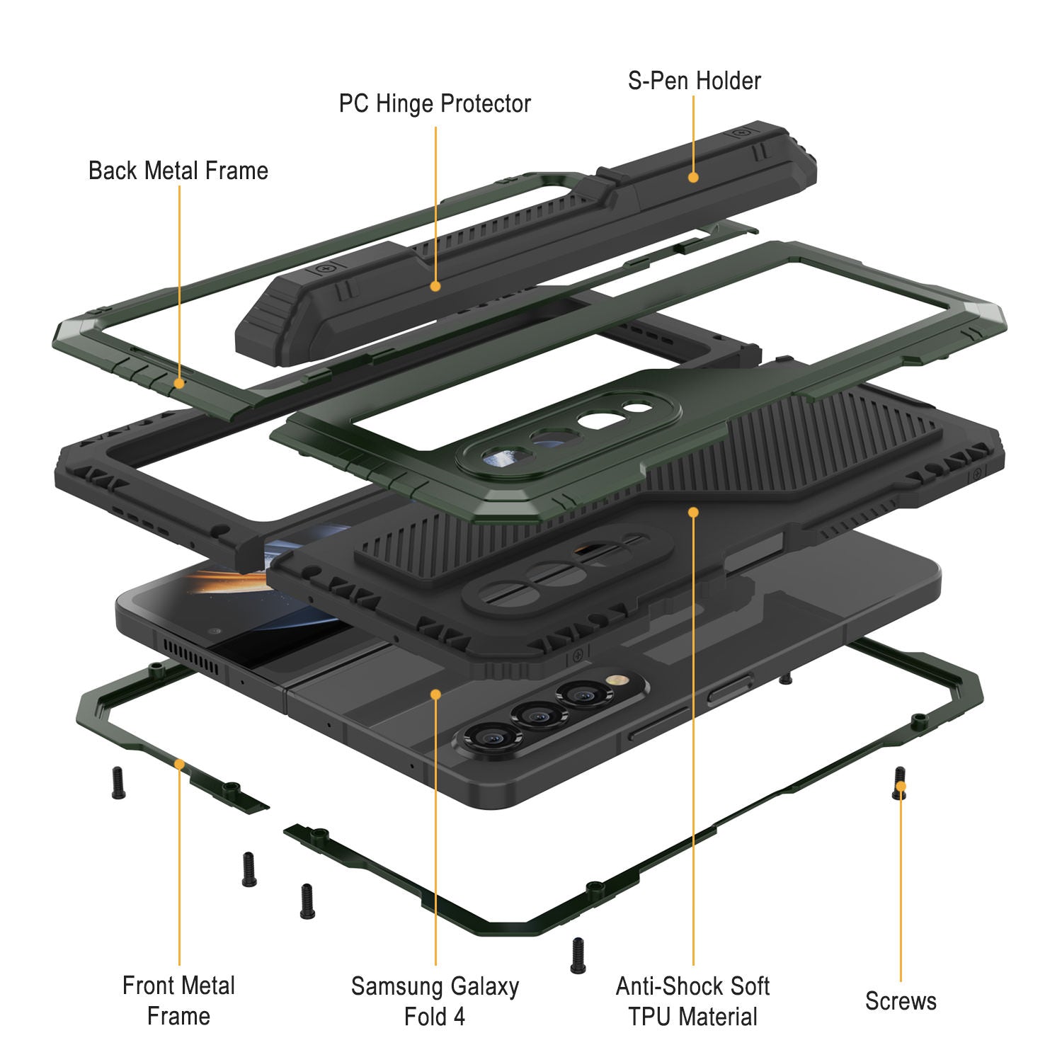 Galaxy Z Fold4 Metal Case, Heavy Duty Military Grade Armor Cover Full Body Hard [Dark Green]