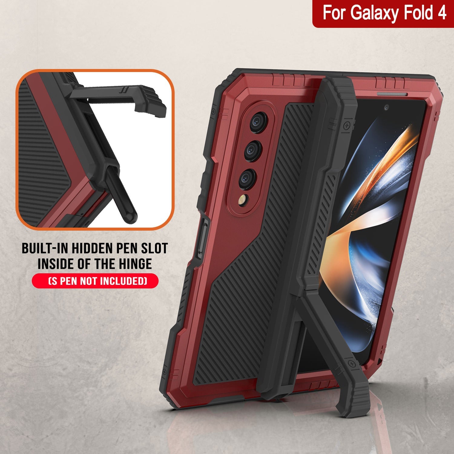 Galaxy Z Fold4 Metal Case, Heavy Duty Military Grade Armor Cover Full Body Hard [Red]