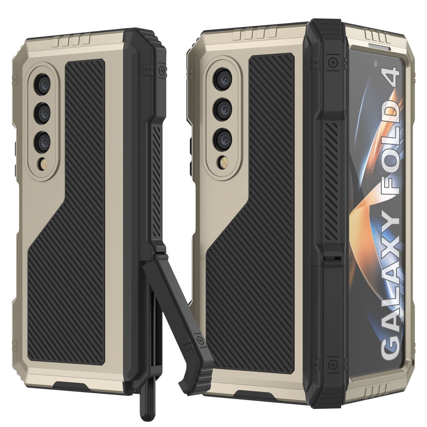 Galaxy Z Fold4 Metal Case, Heavy Duty Military Grade Armor Cover Full Body Hard [Gold]