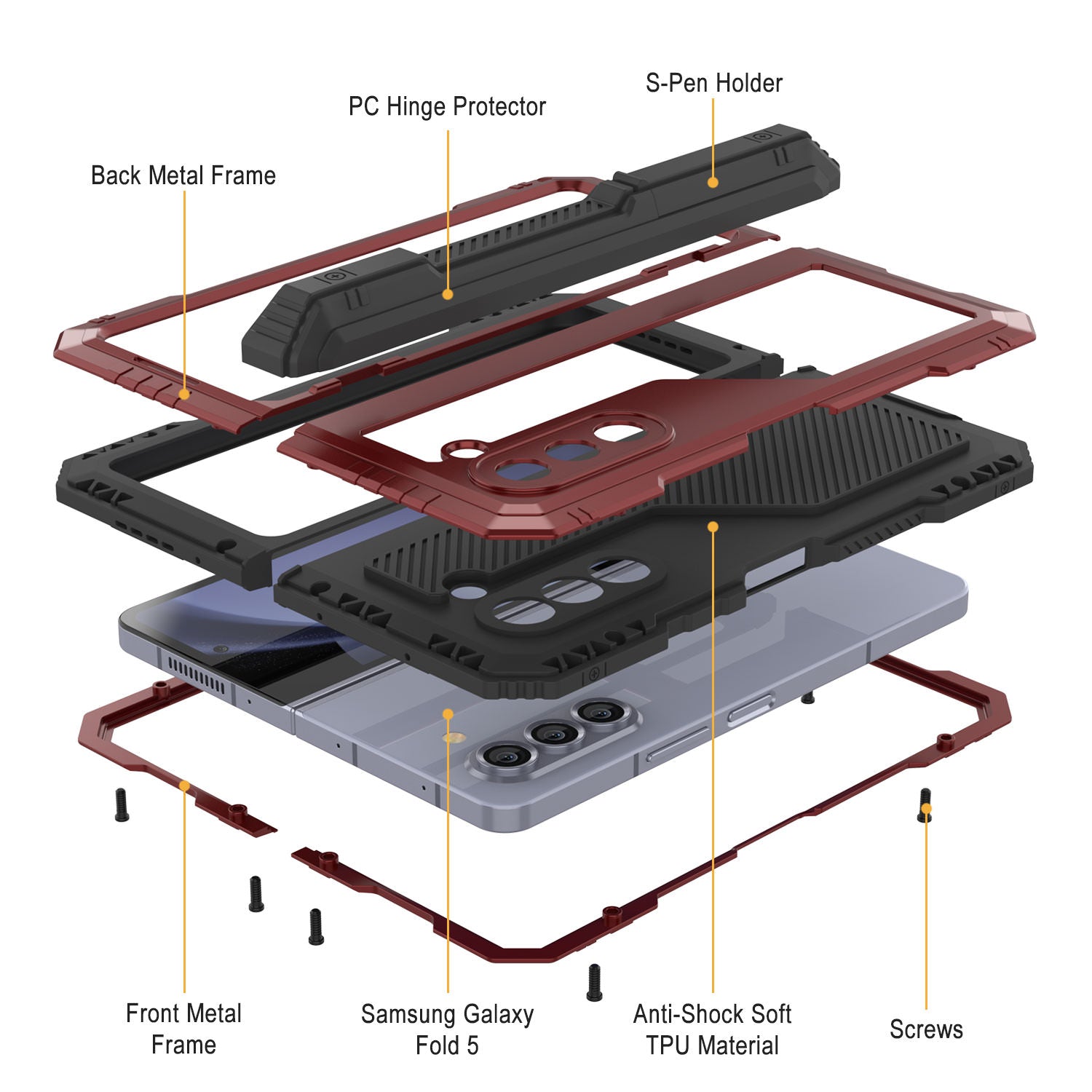 Galaxy Z Fold5 Metal Case, Heavy Duty Military Grade Armor Cover Full Body Hard [Red]