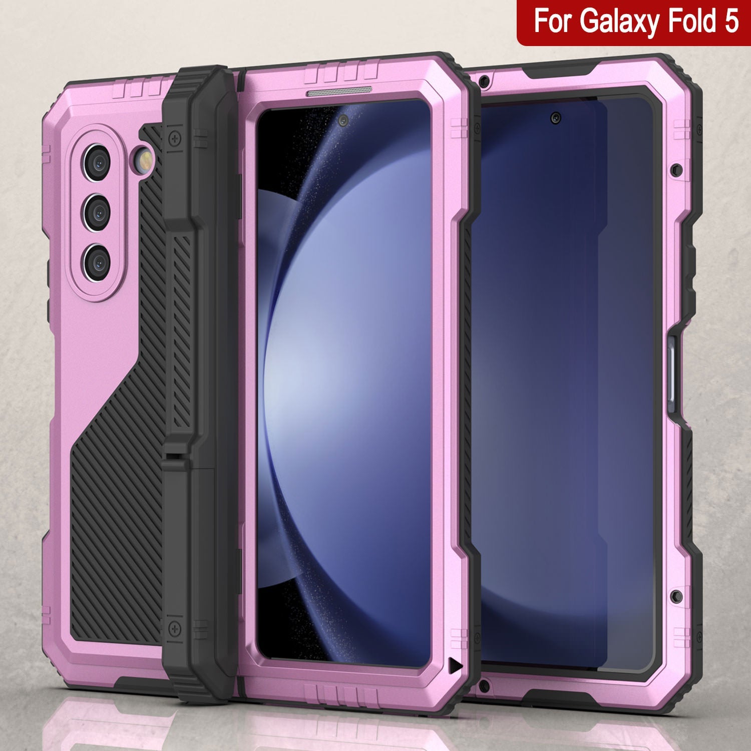 Galaxy Z Fold5 Metal Case, Heavy Duty Military Grade Armor Cover Full Body Hard [Pink]