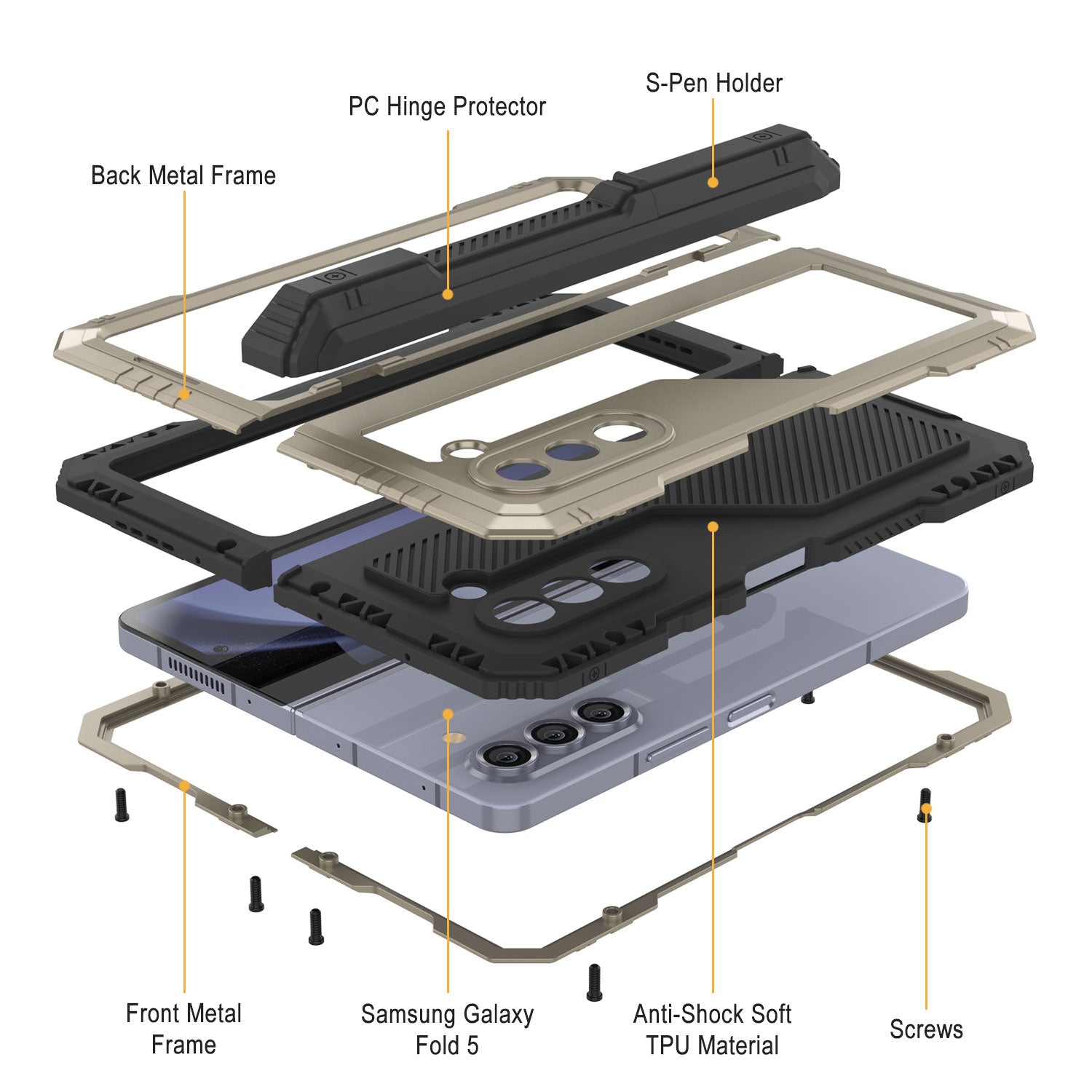 Galaxy Z Fold5 Metal Case, Heavy Duty Military Grade Armor Cover Full Body Hard [Gold]