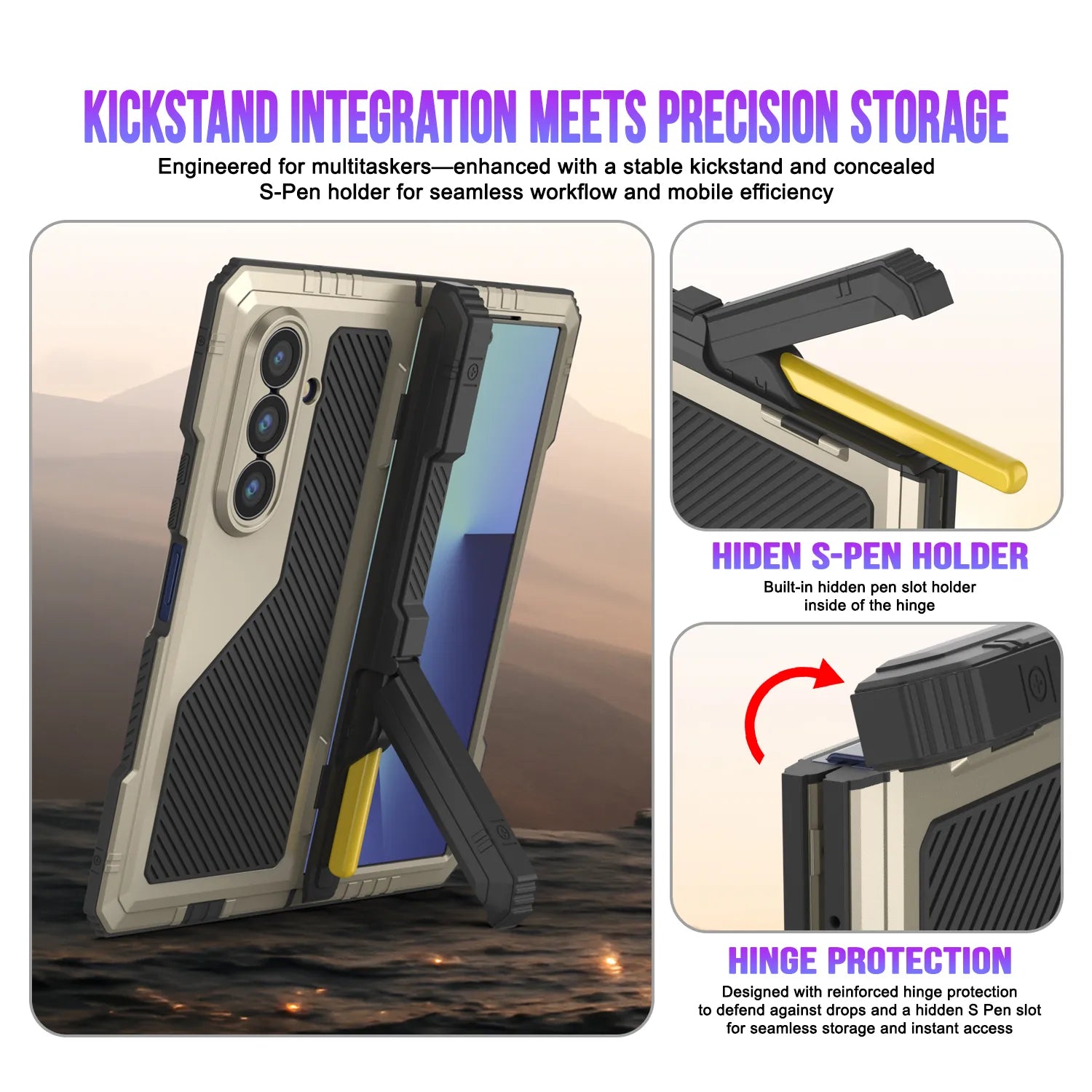 Galaxy Z Fold7 Metal Case, Heavy Duty Military Grade Armor Cover Full Body Hard [Gold]