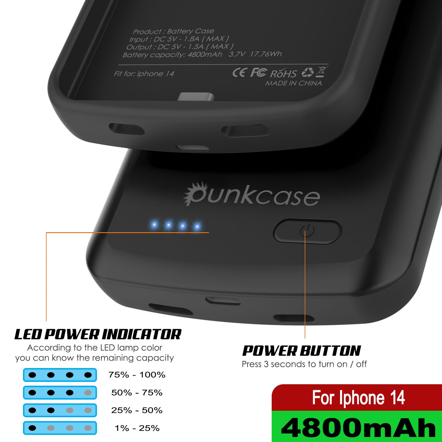 iPhone 14 Battery Case, PunkJuice 4800mAH Fast Charging Power Bank W/ Screen Protector | [Black]