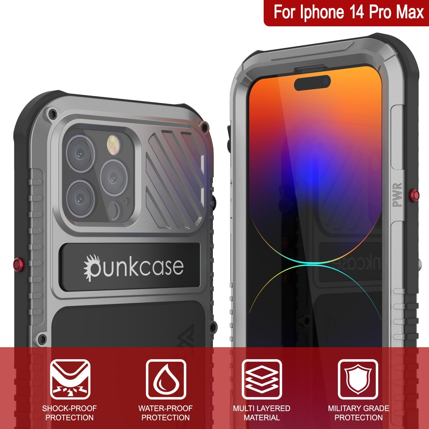 iPhone 16 Pro Max Metal Extreme 3.0 Series Aluminum Waterproof Case IP68 W/Buillt in Screen Protector & Kickstand [Silver]