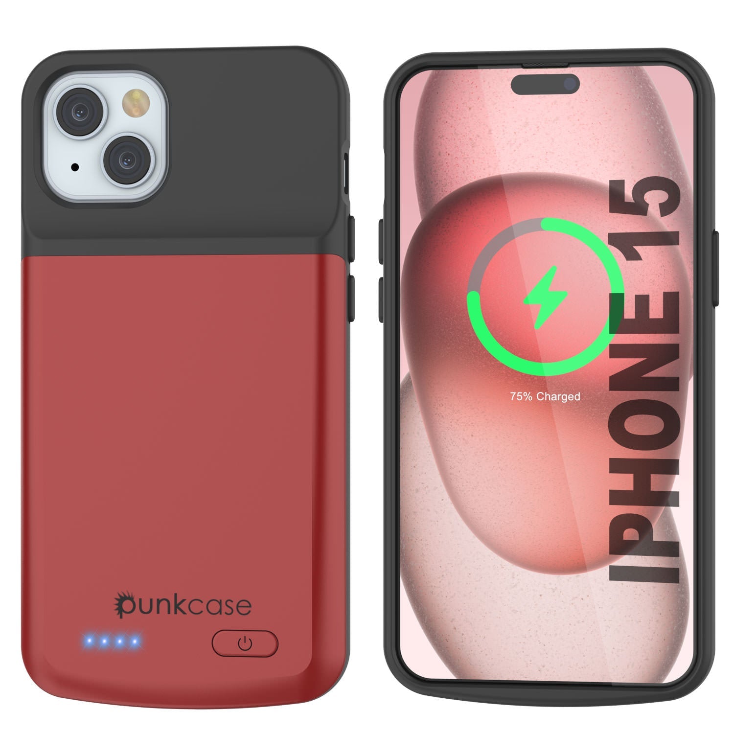 iPhone 15 Battery Case, PunkJuice 5000mAH Fast Charging Power Bank W/ Screen Protector | [Red]