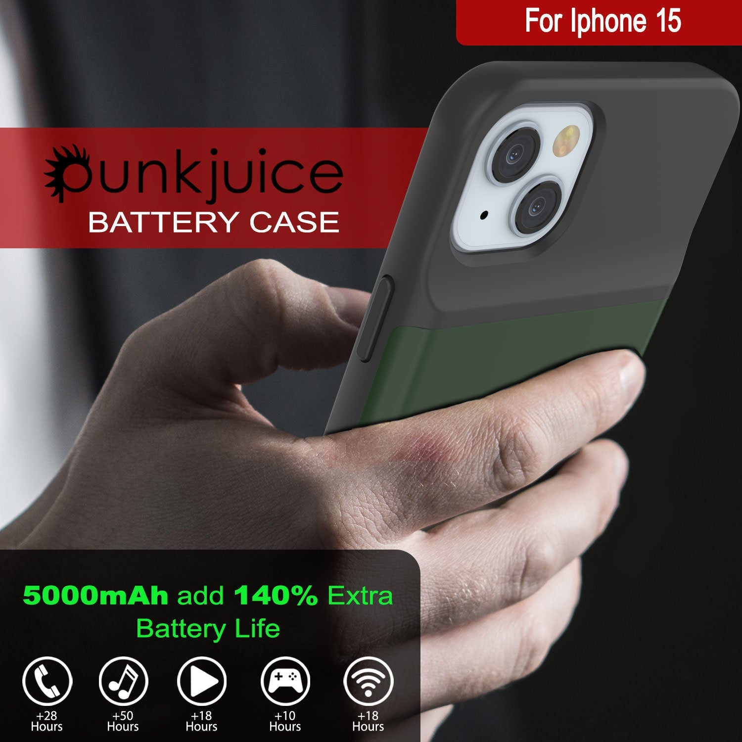 iPhone 15 Battery Case, PunkJuice 5000mAH Fast Charging Power Bank W/ Screen Protector | [Green]