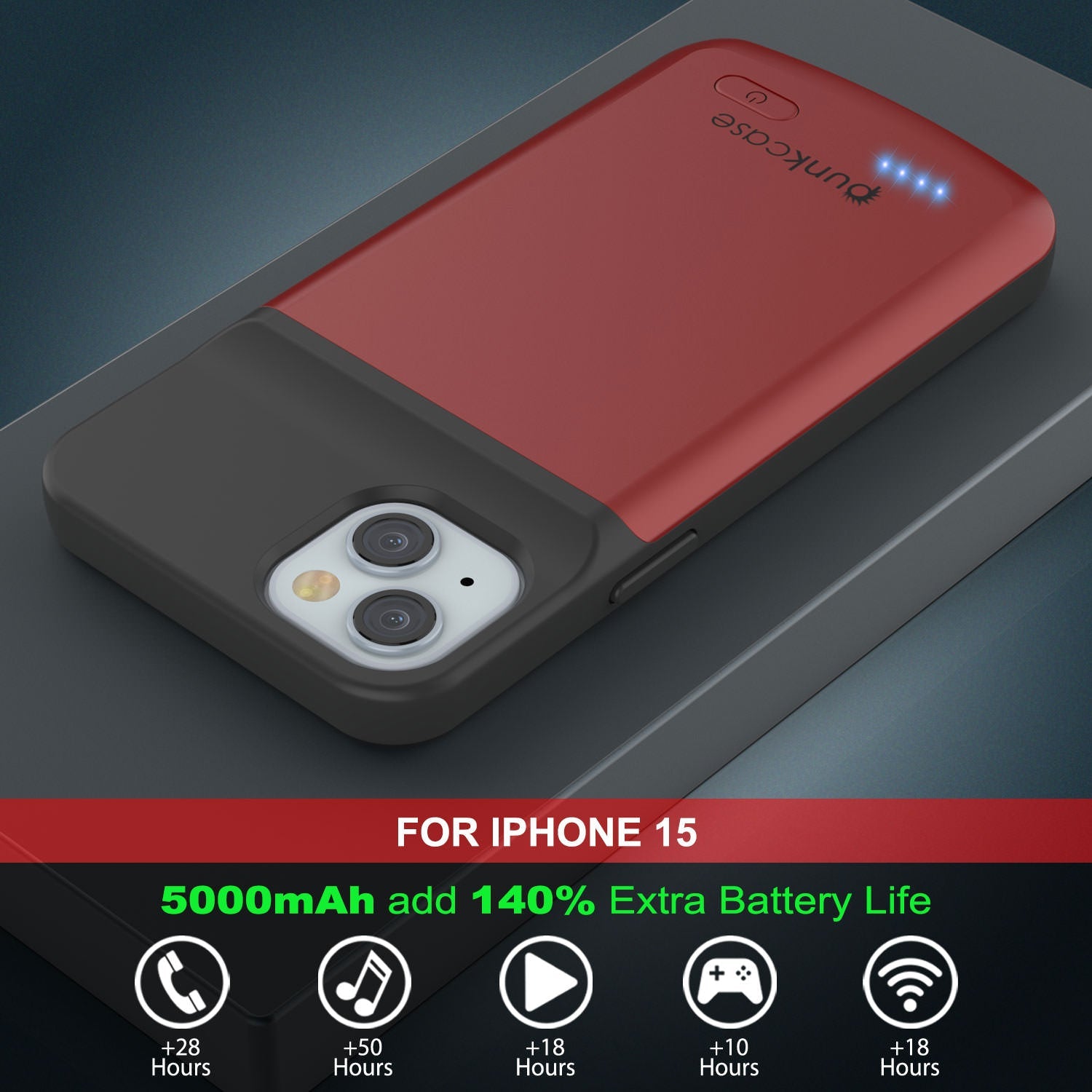 iPhone 15 Battery Case, PunkJuice 5000mAH Fast Charging Power Bank W/ Screen Protector | [Red]