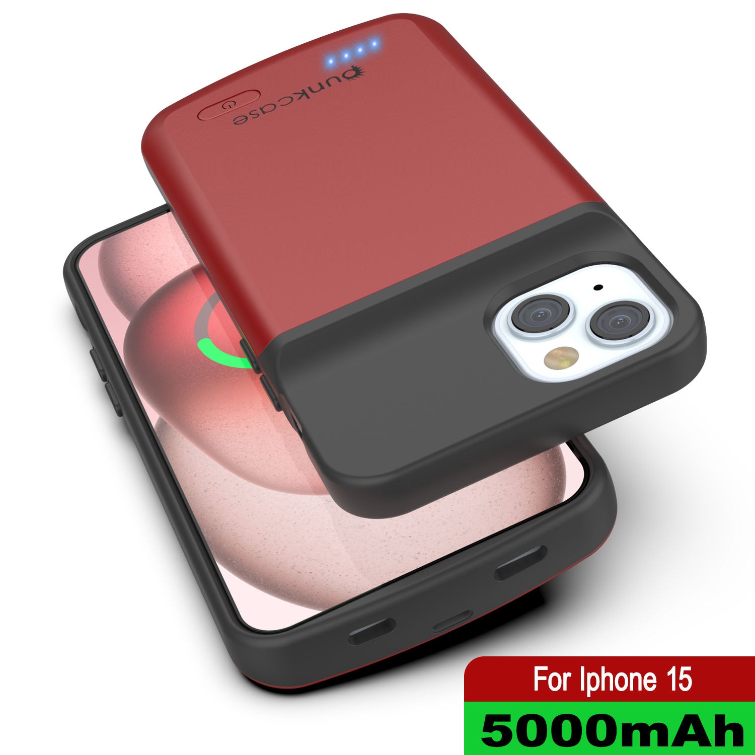 iPhone 15 Battery Case, PunkJuice 5000mAH Fast Charging Power Bank W/ Screen Protector | [Red]