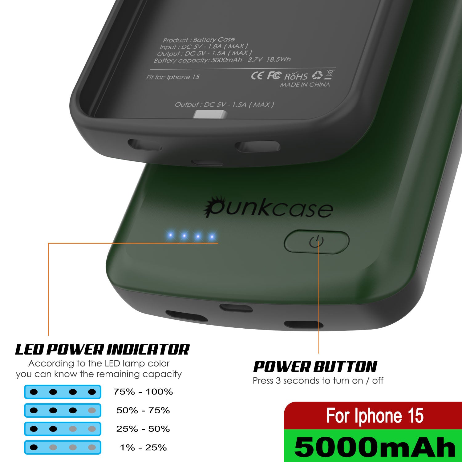 iPhone 15 Battery Case, PunkJuice 5000mAH Fast Charging Power Bank W/ Screen Protector | [Green]