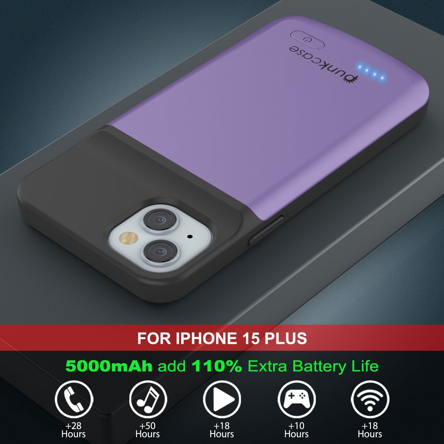 iPhone 15 Plus Battery Case, PunkJuice 5000mAH Fast Charging Power Bank W/ Screen Protector | [Purple]