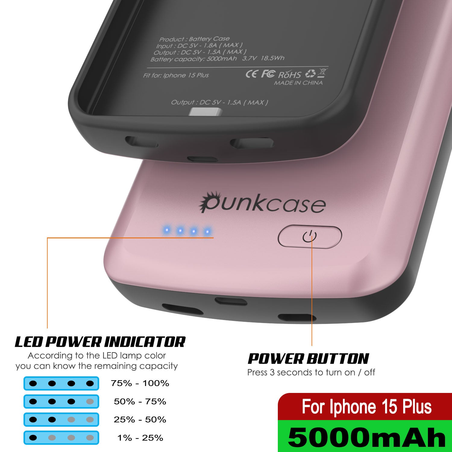 iPhone 15 Plus Battery Case, PunkJuice 5000mAH Fast Charging Power Bank W/ Screen Protector | [Rose-Gold]